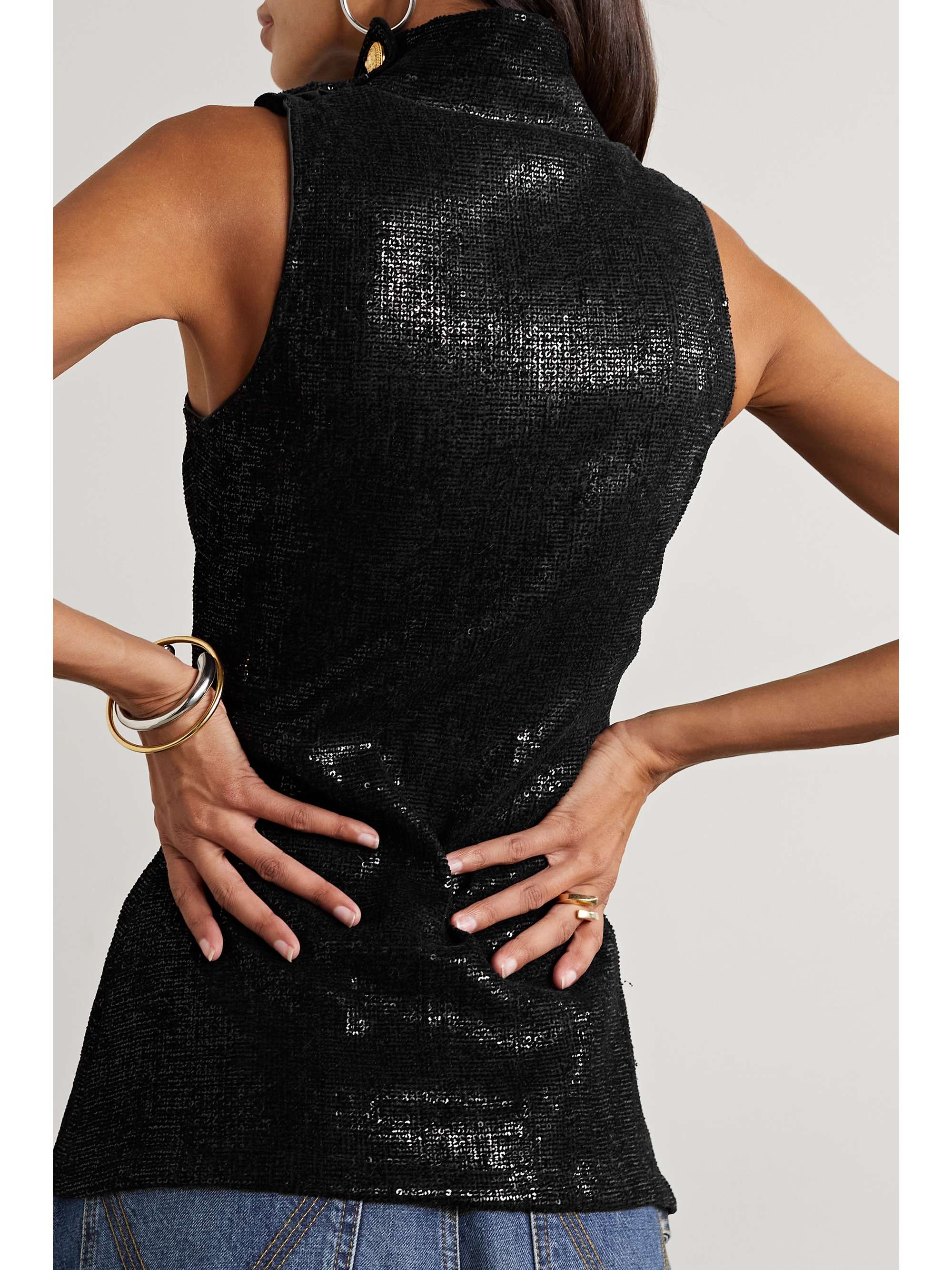 BALMAIN Embellished sequined tulle tank