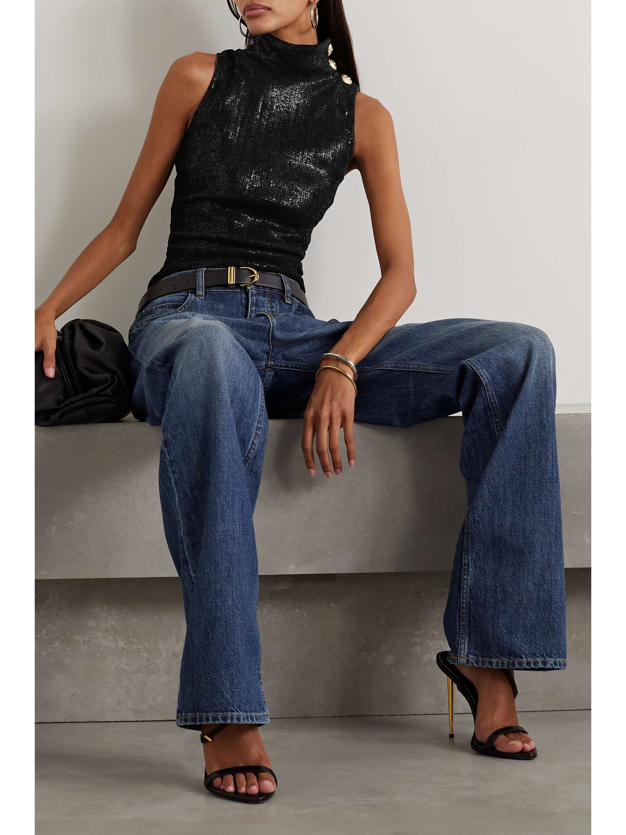 BALMAIN Embellished sequined tulle tank