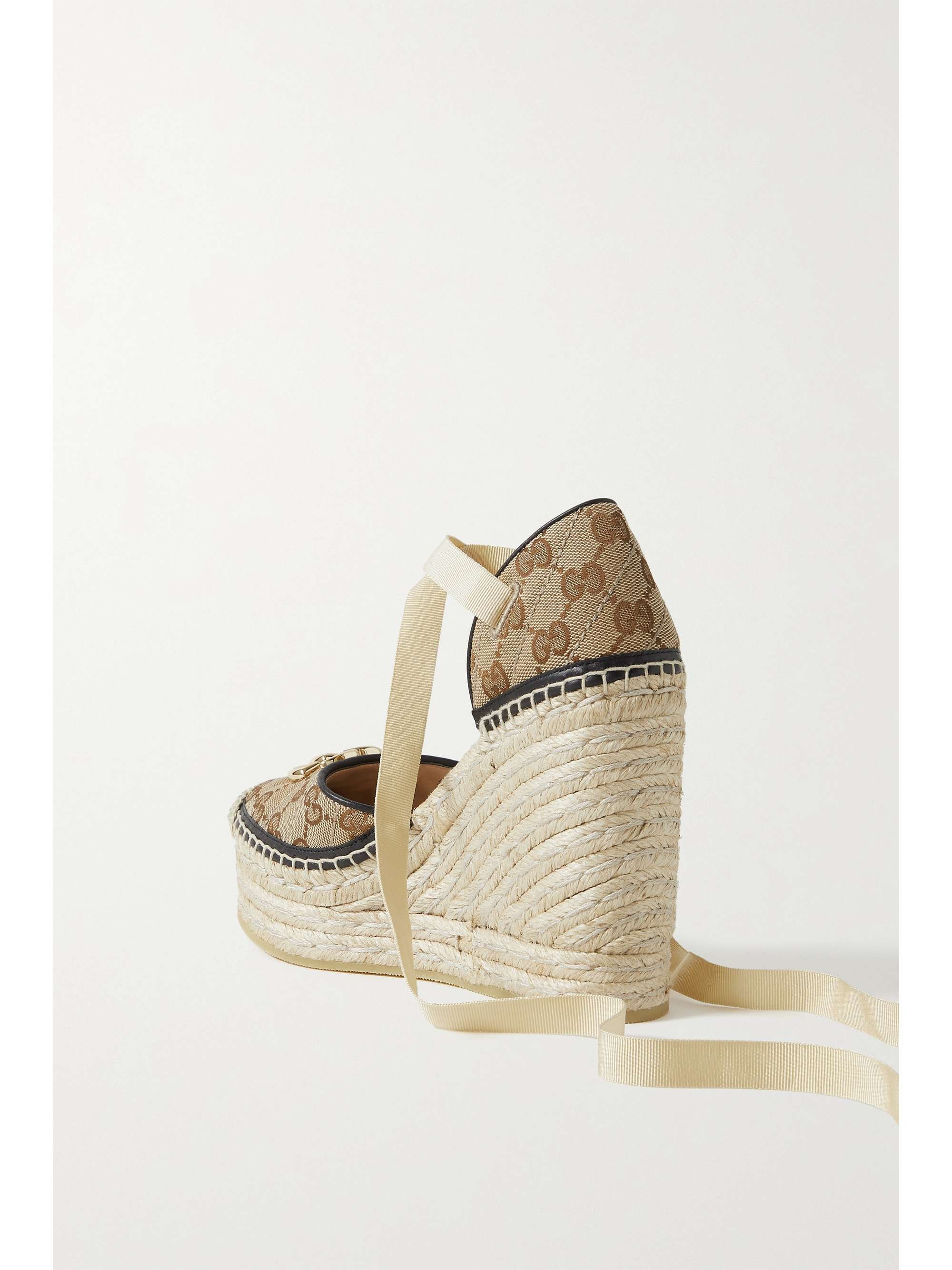 GUCCI Pilar leather-trimmed embellished canvas-jacquard wedge espadrilles