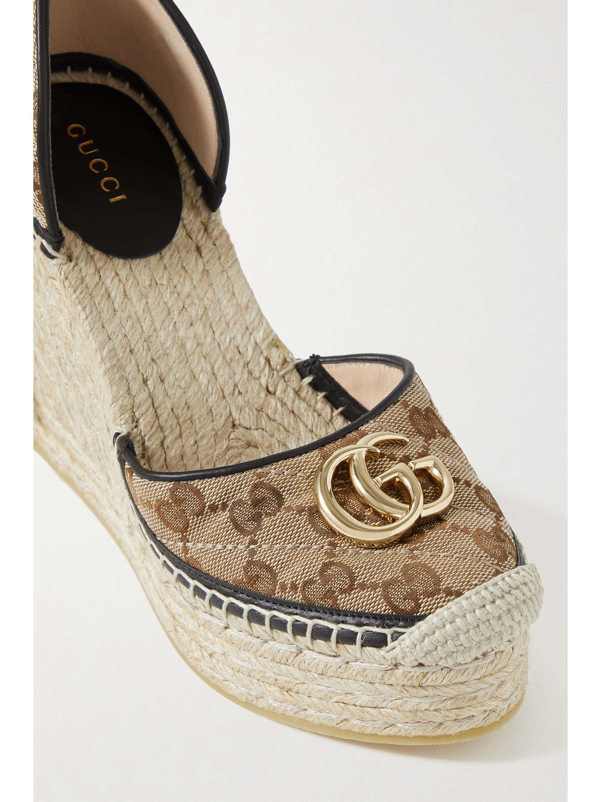 GUCCI Pilar leather-trimmed embellished canvas-jacquard wedge espadrilles