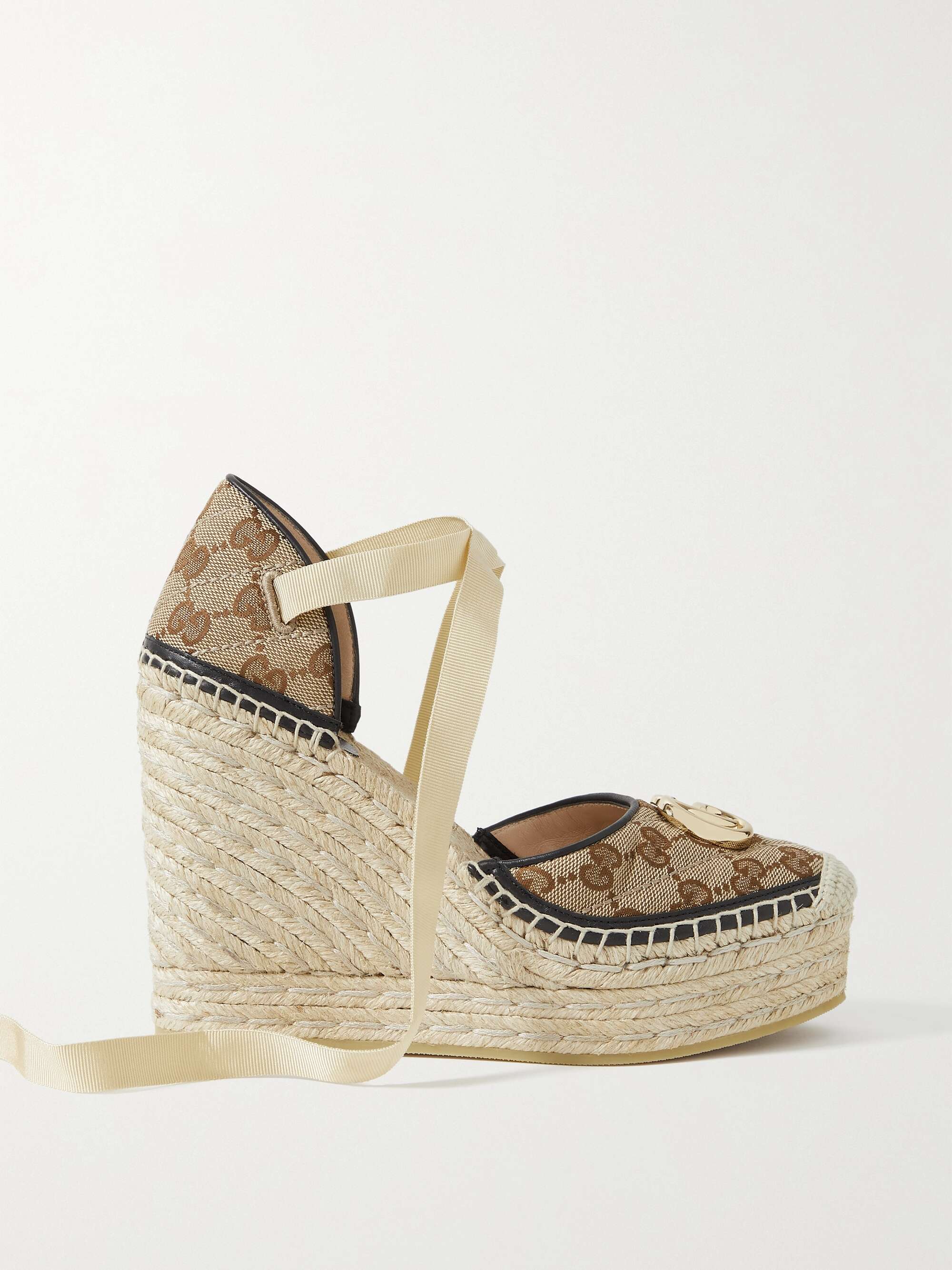 GUCCI Pilar leather-trimmed embellished canvas-jacquard wedge ...