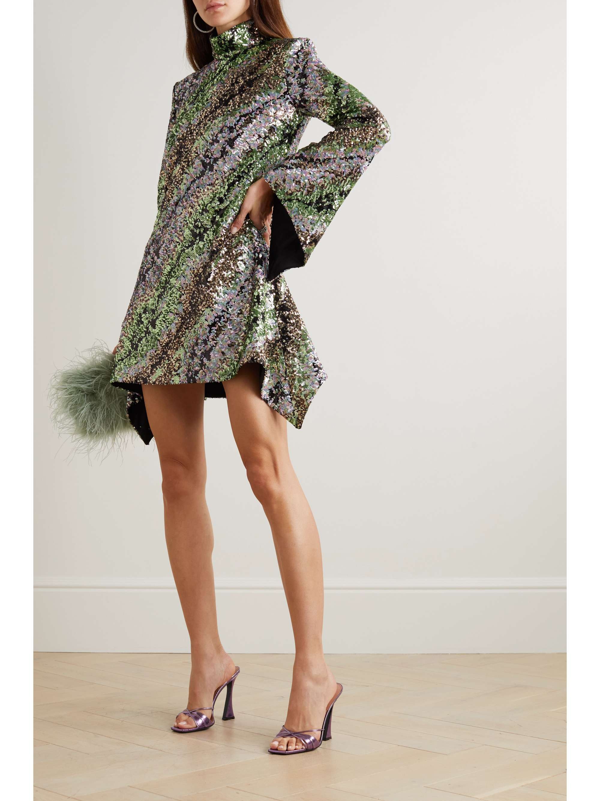 HALPERN Asymmetric striped sequined tulle mini dress | NET-A-PORTER
