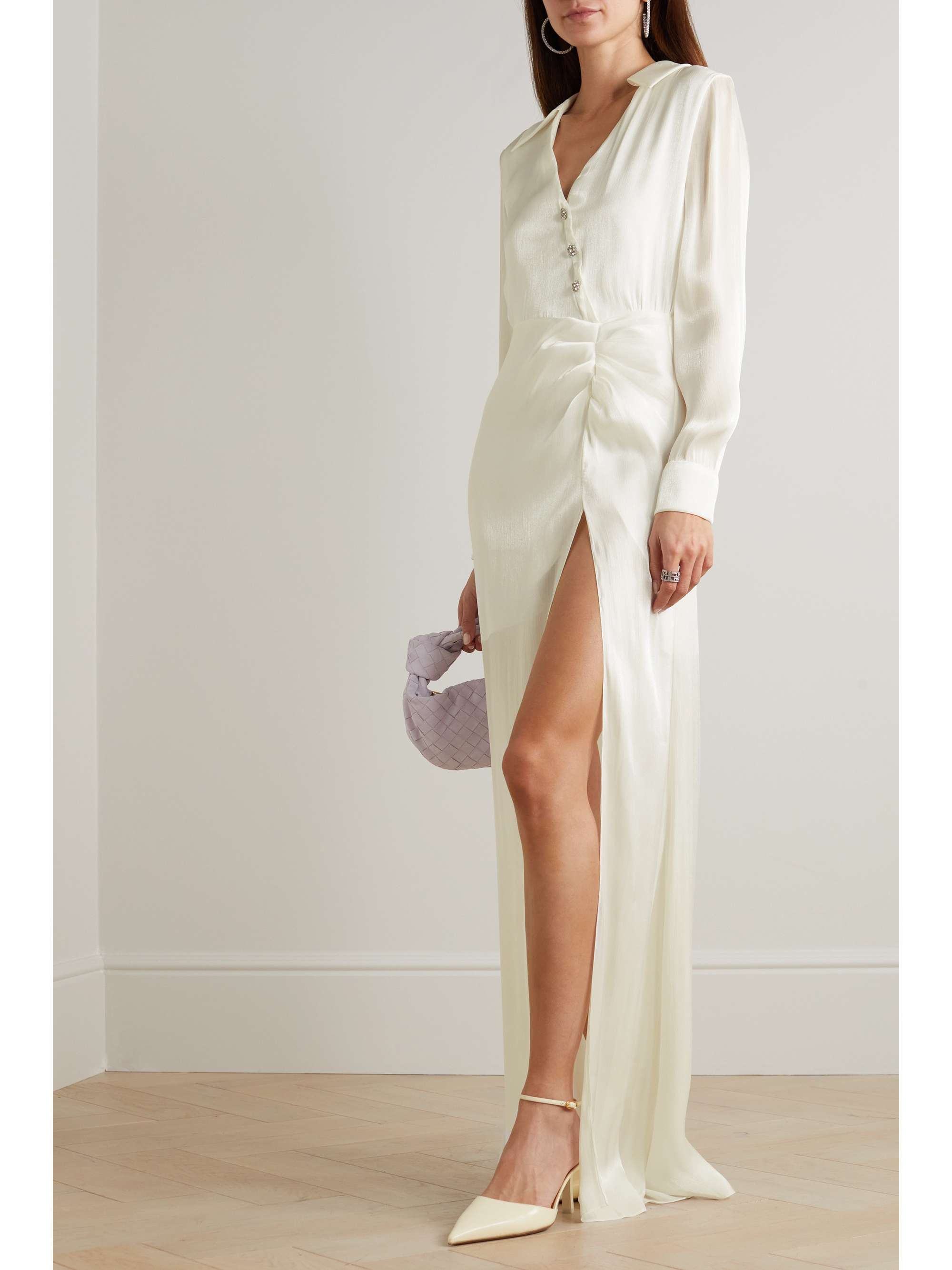 HALPERN Embellished draped iridescent chiffon maxi dress