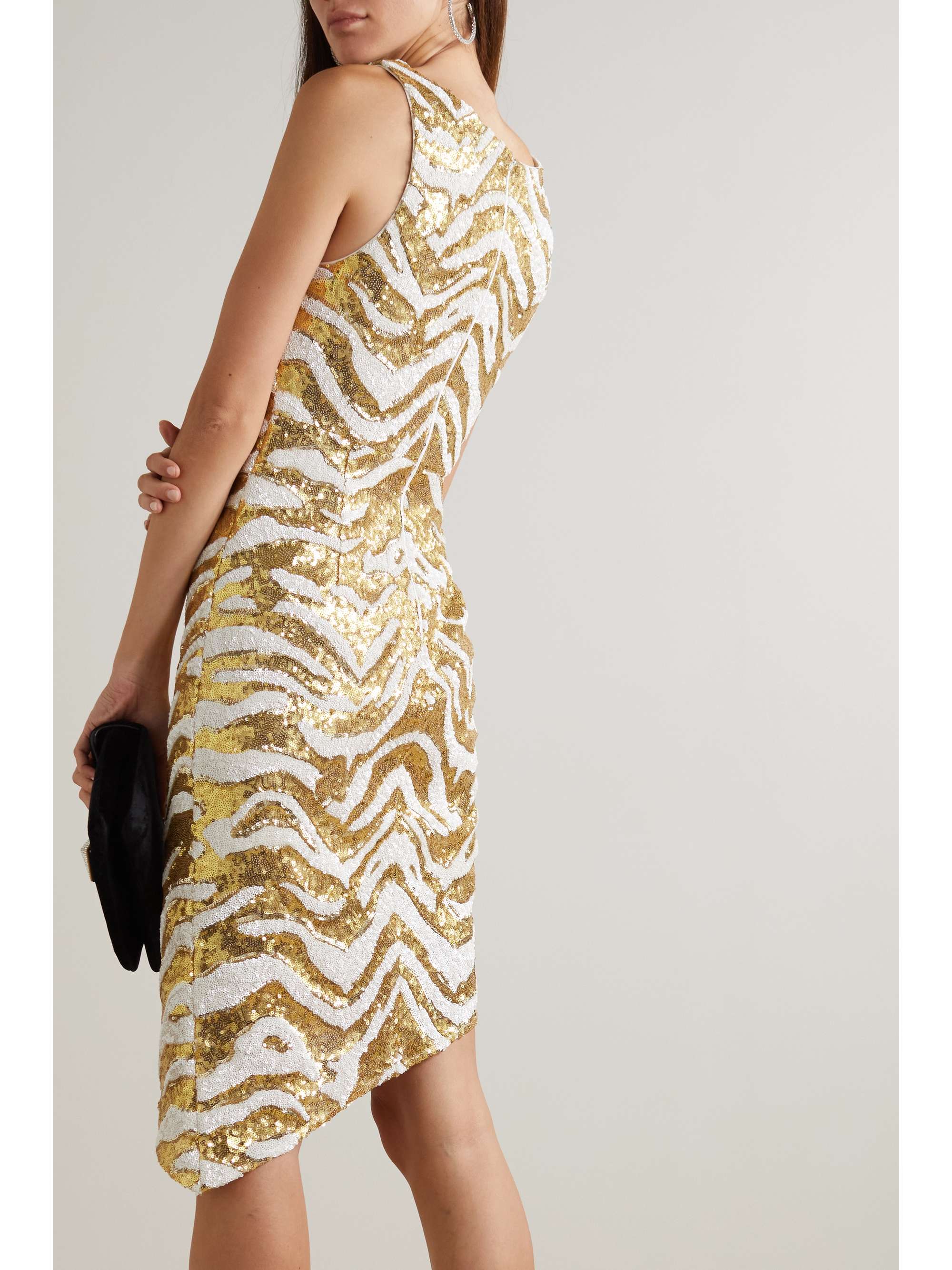 HALPERN Asymmetric paneled tiger-print sequined tulle dress