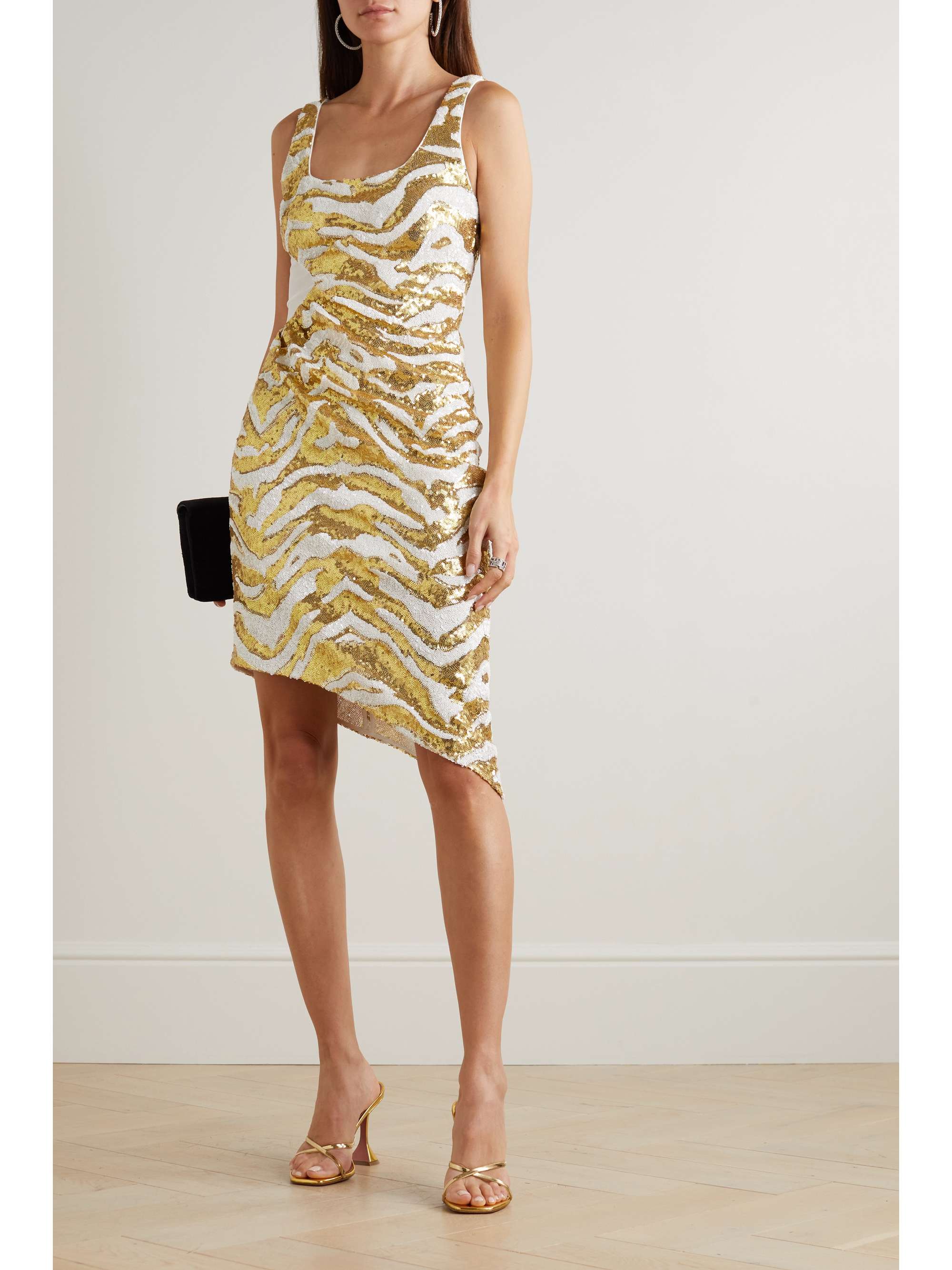 HALPERN Asymmetric paneled tiger-print sequined tulle dress