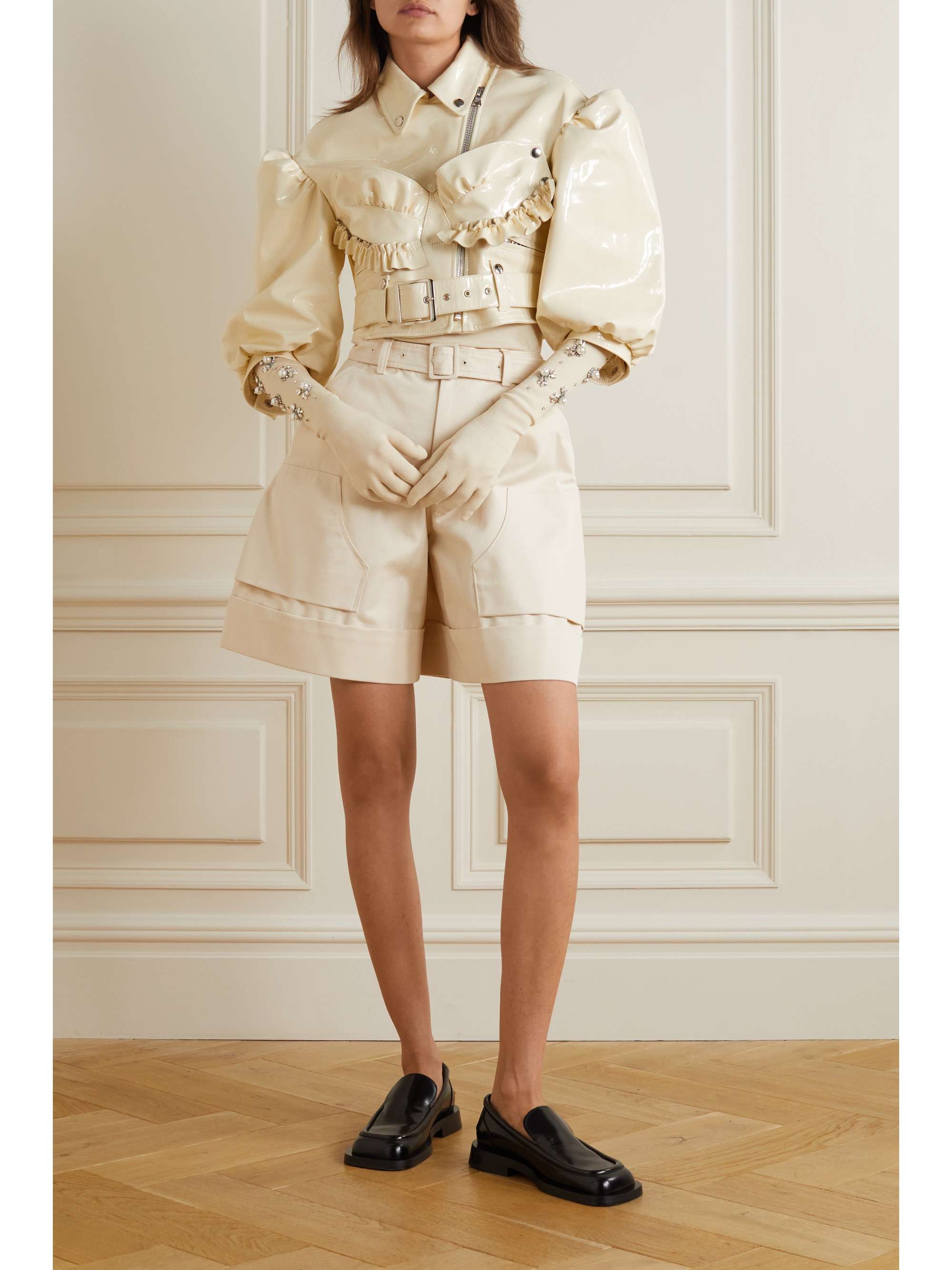 Simone Rocha - Ruffled Patent-leather Biker Jacket - Cream - UK 8 - Net A Porter