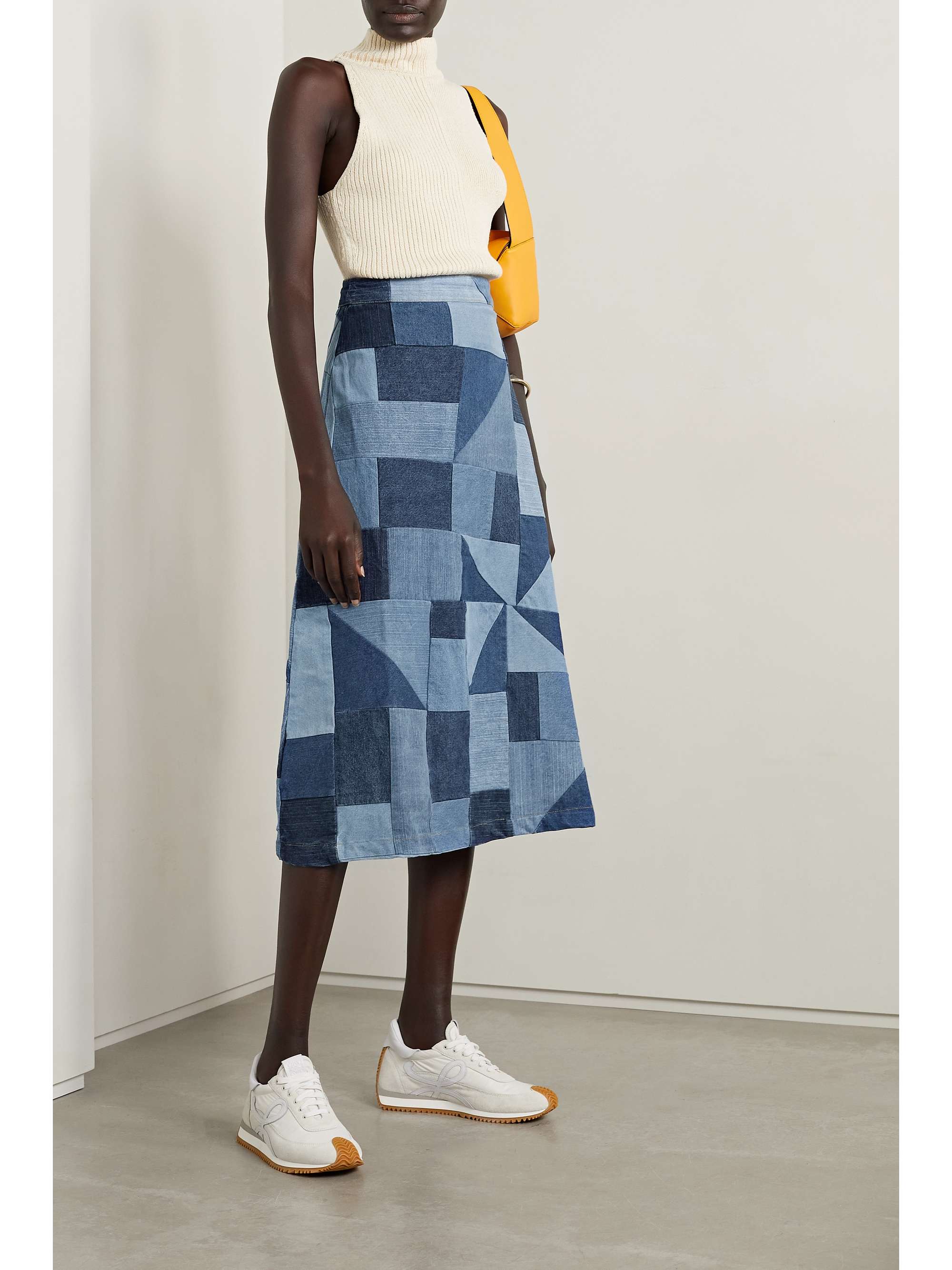 SEA Diego patchwork denim midi skirt