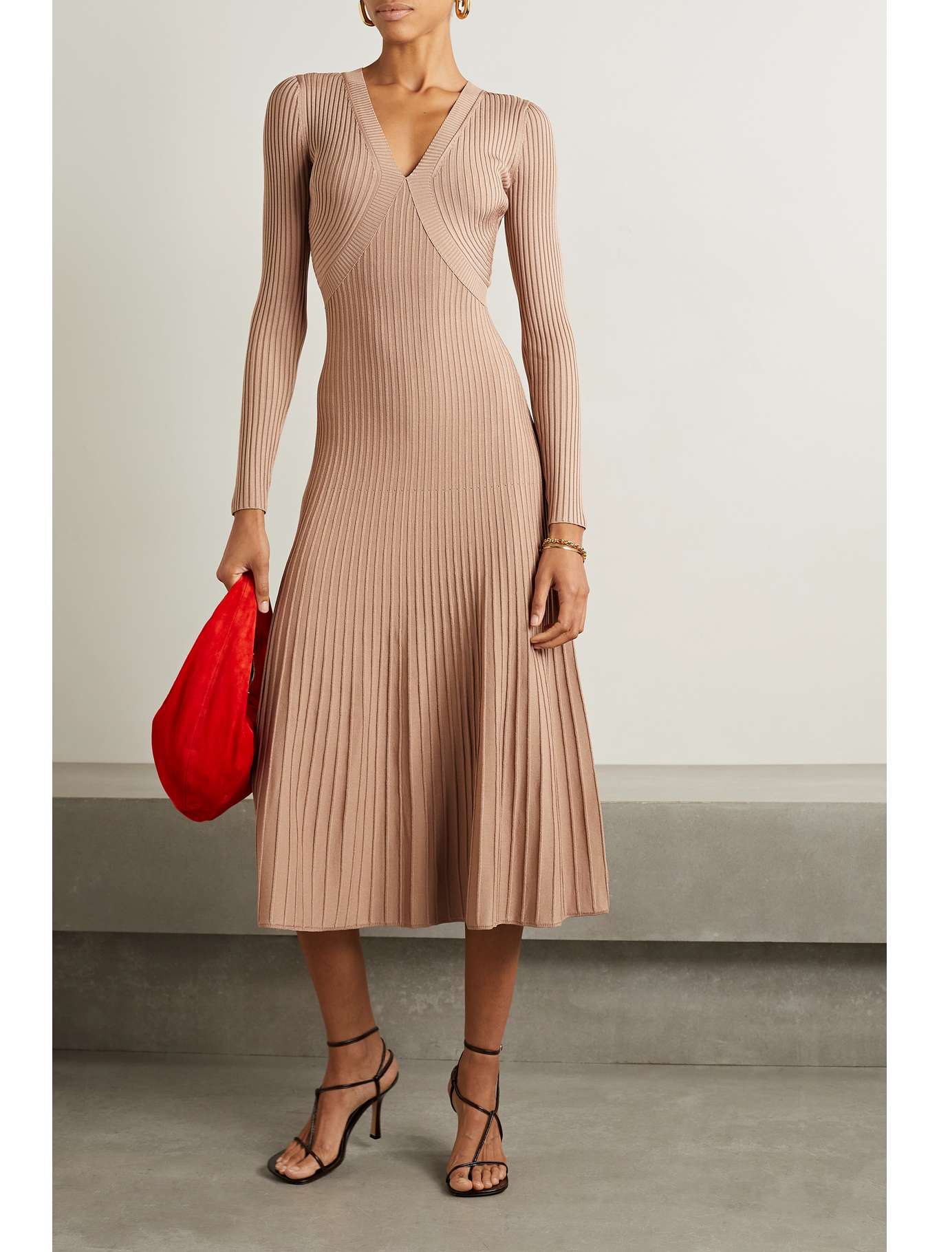 Beige Melba paneled ribbedknit midi dress JONATHAN SIMKHAI NETA
