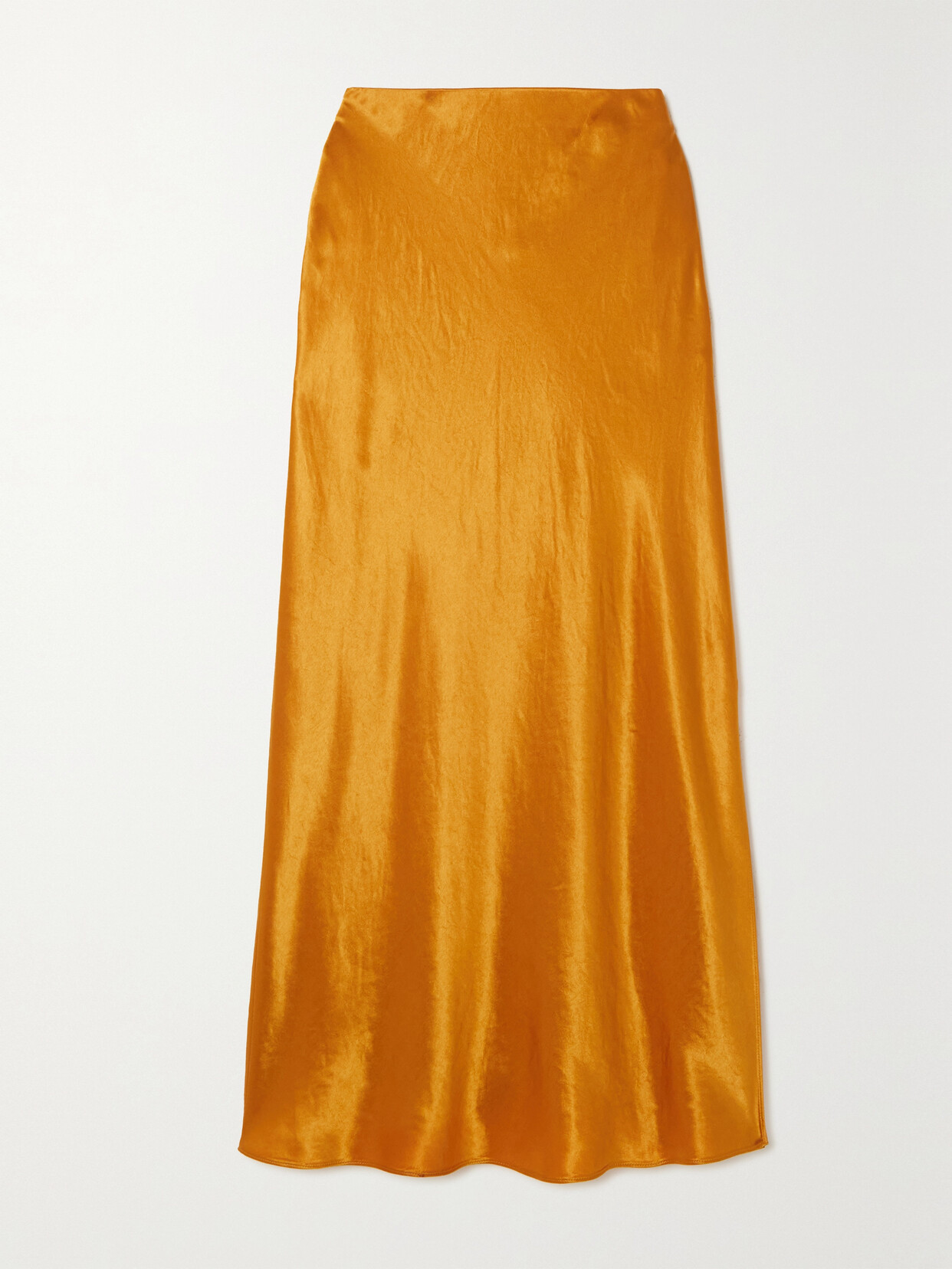 Vince Flared Mid-rise Crushed Satin Slip Midi Skirt In Gold
