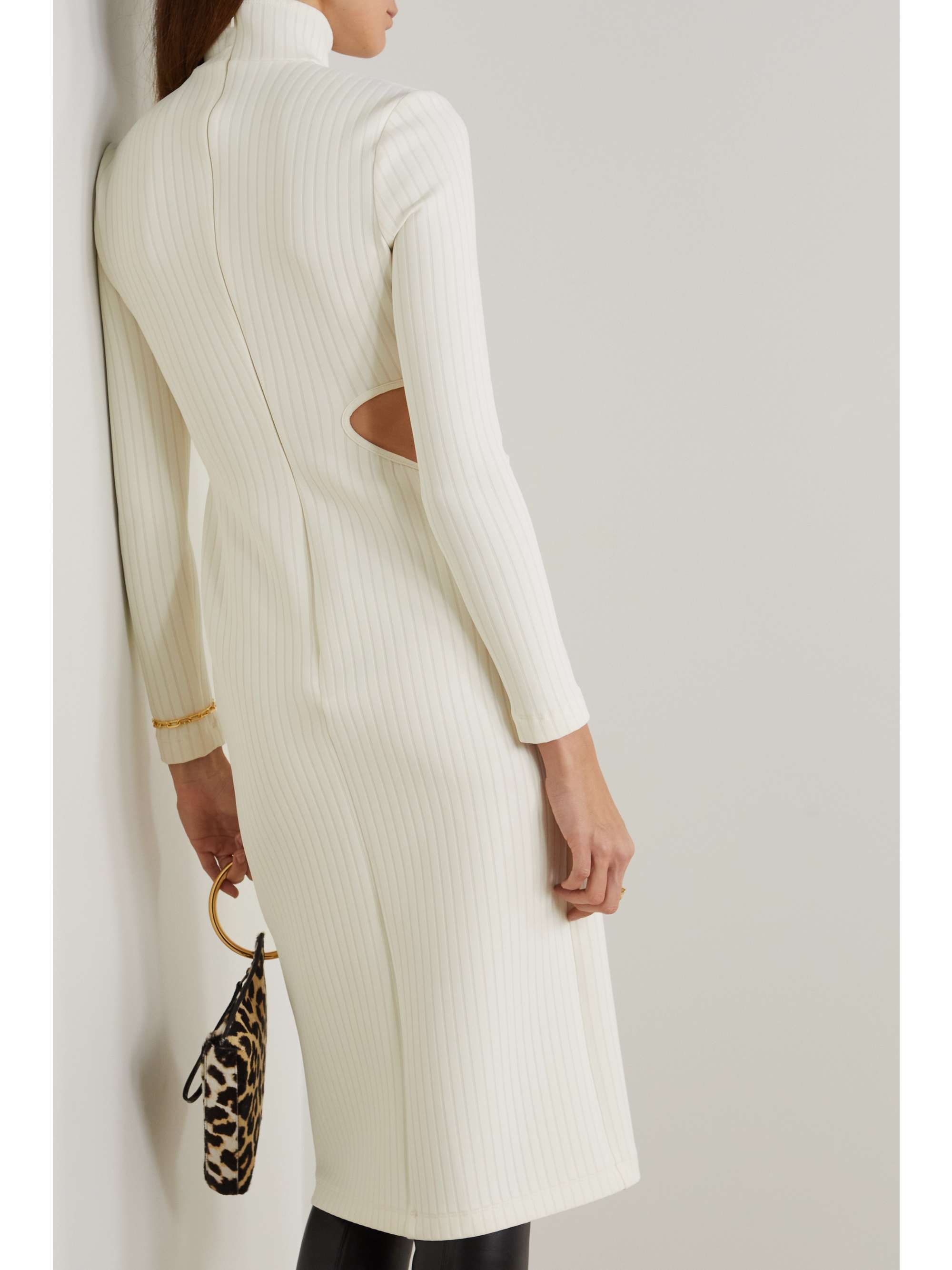 HALPERN Cutout ribbed stretch-knit midi turtleneck dress