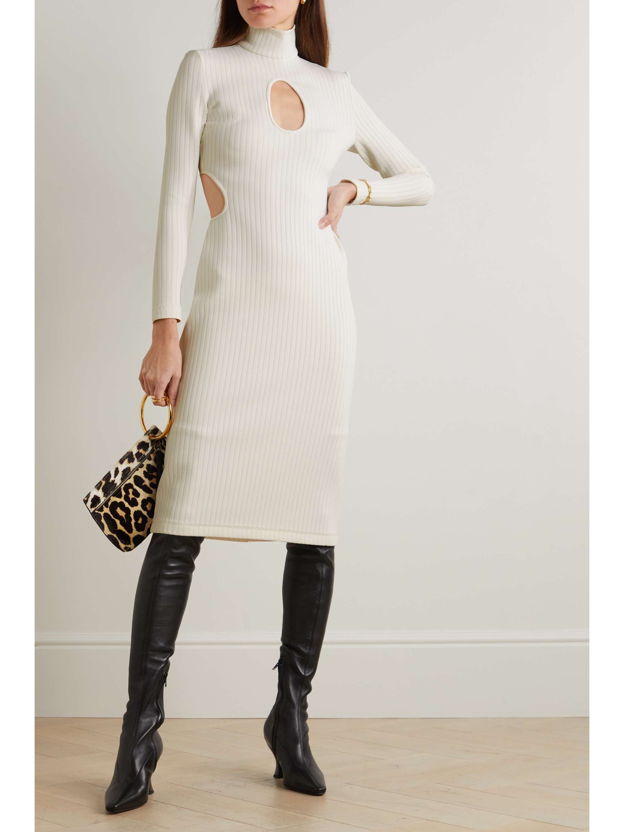 HALPERN Cutout ribbed stretch-knit midi turtleneck dress