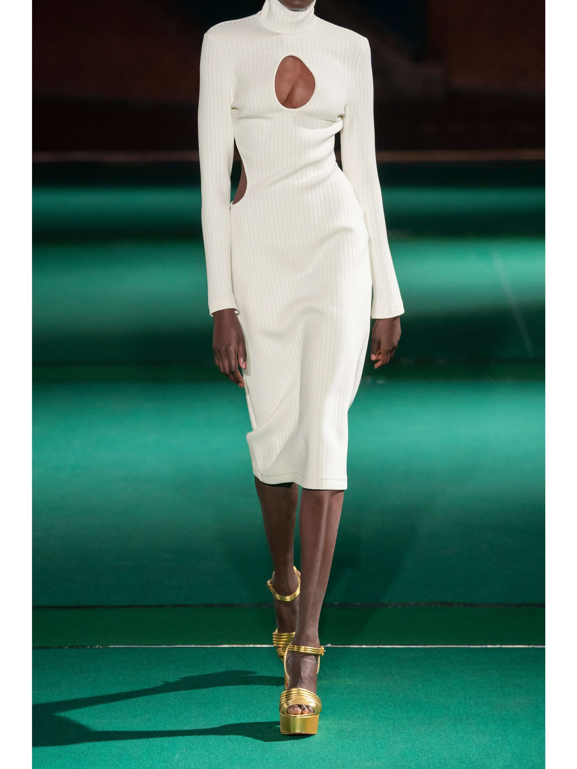 HALPERN Cutout ribbed stretch-knit midi turtleneck dress