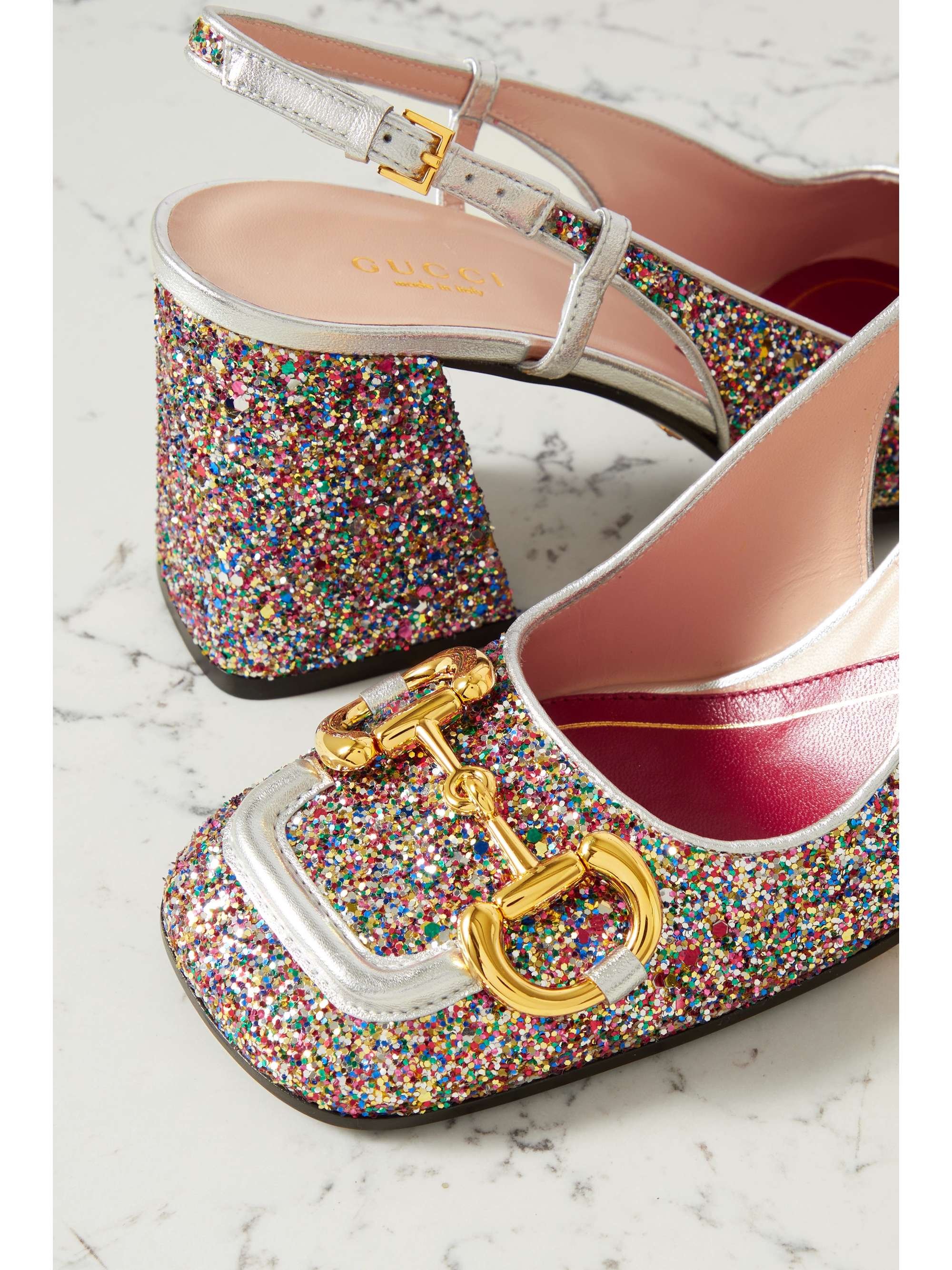Pink Horsebitdetailed glittered leather slingback pumps GUCCI NET