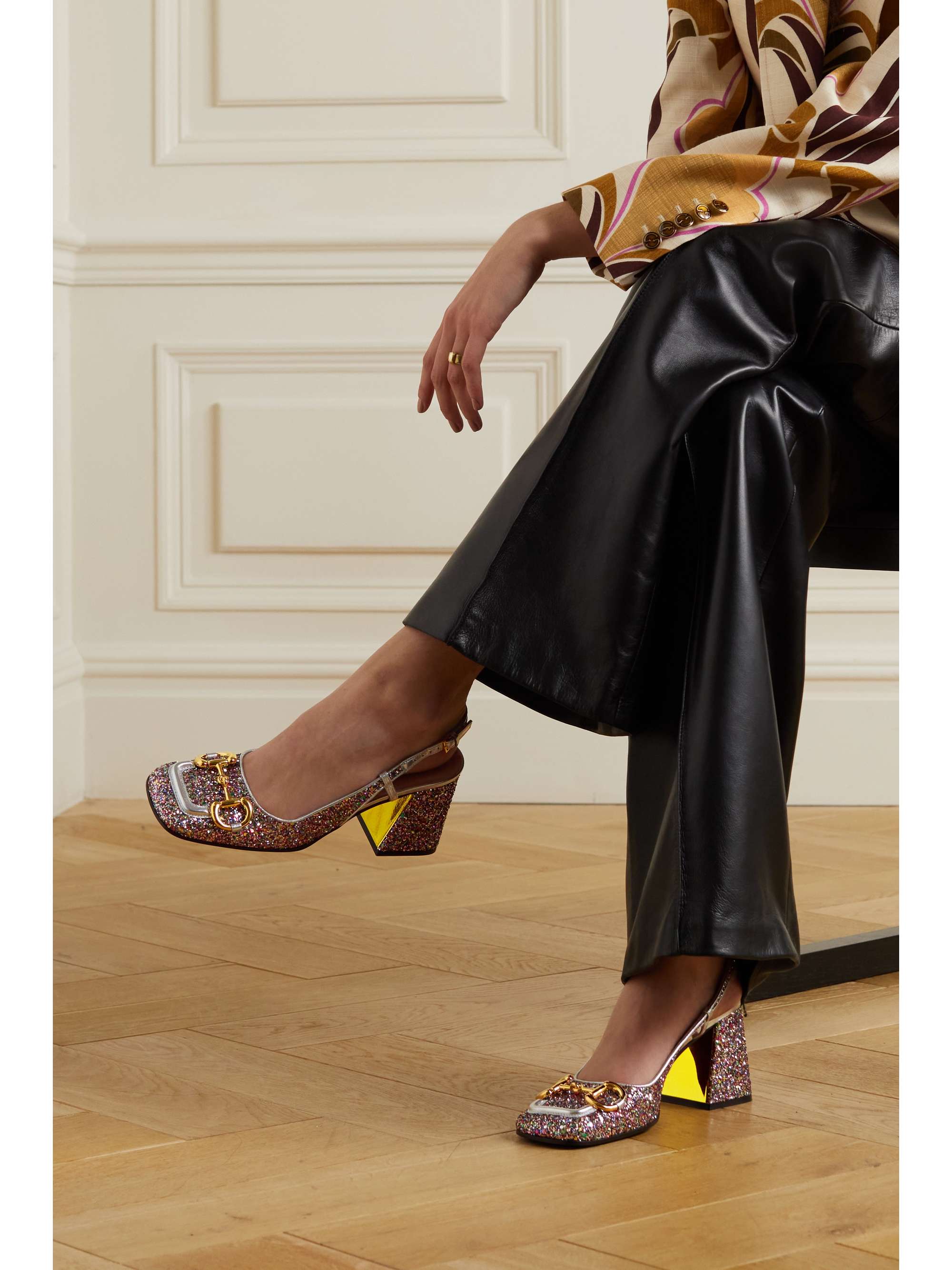 Pink Horsebitdetailed glittered leather slingback pumps GUCCI NET