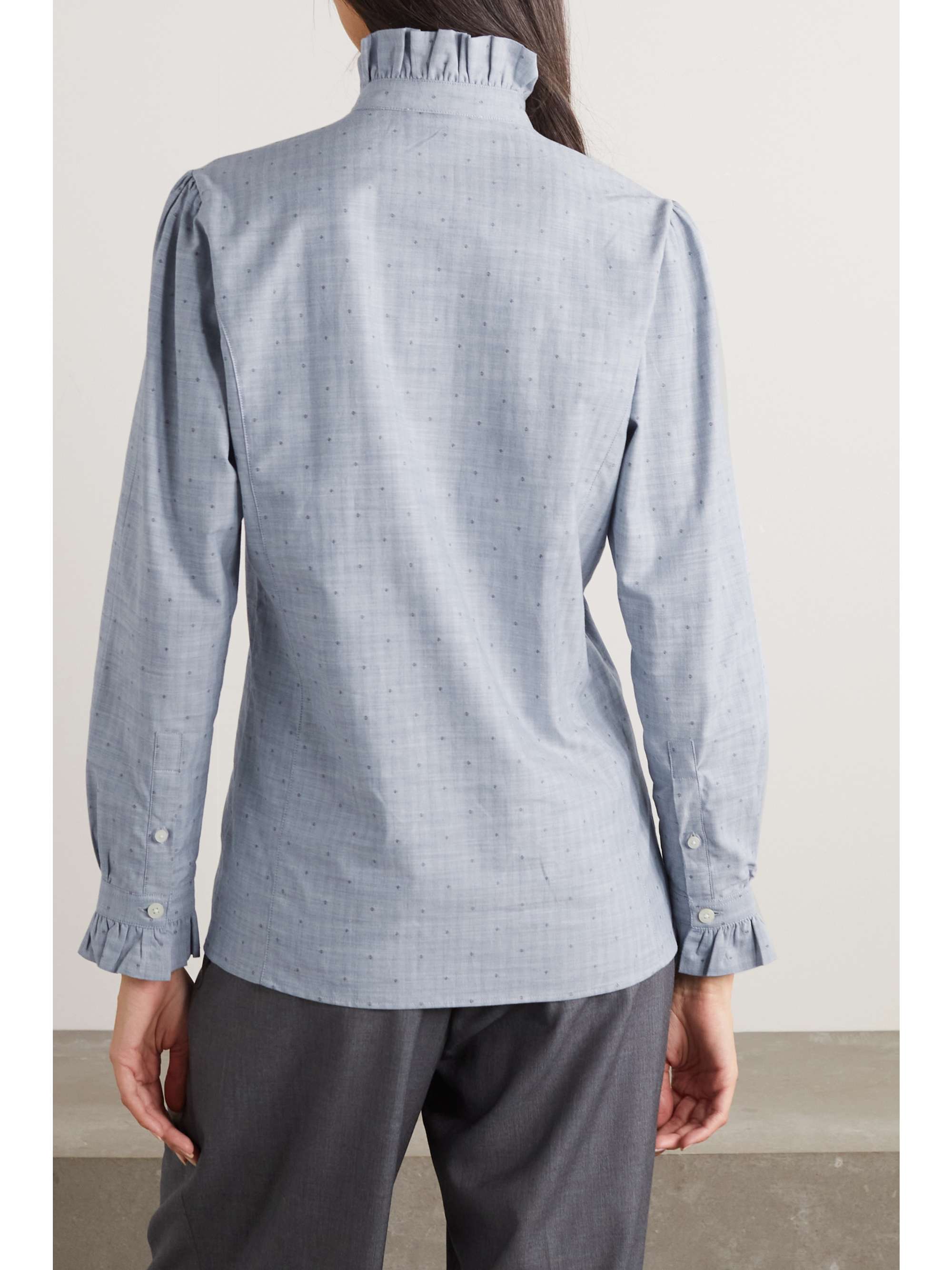 PURDEY Ladies ruffled embroidered herringbone cotton shirt