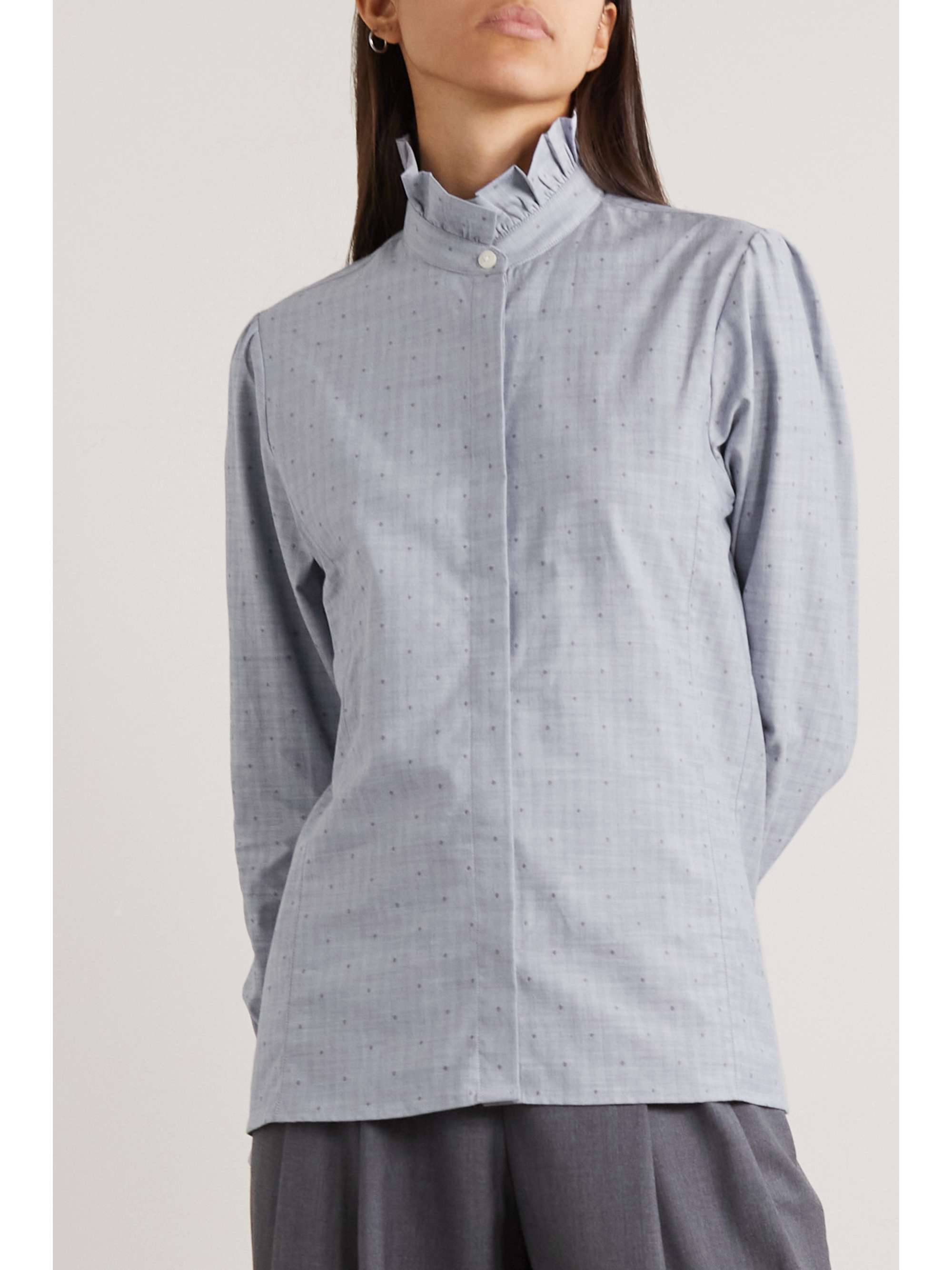 PURDEY Ladies ruffled embroidered herringbone cotton shirt