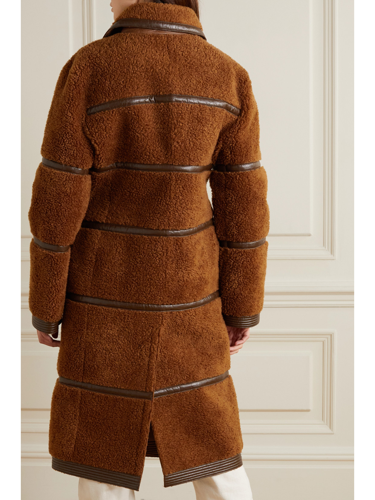 Double-Breasted Faux Leather-Trimmed Faux Shearling Coat
