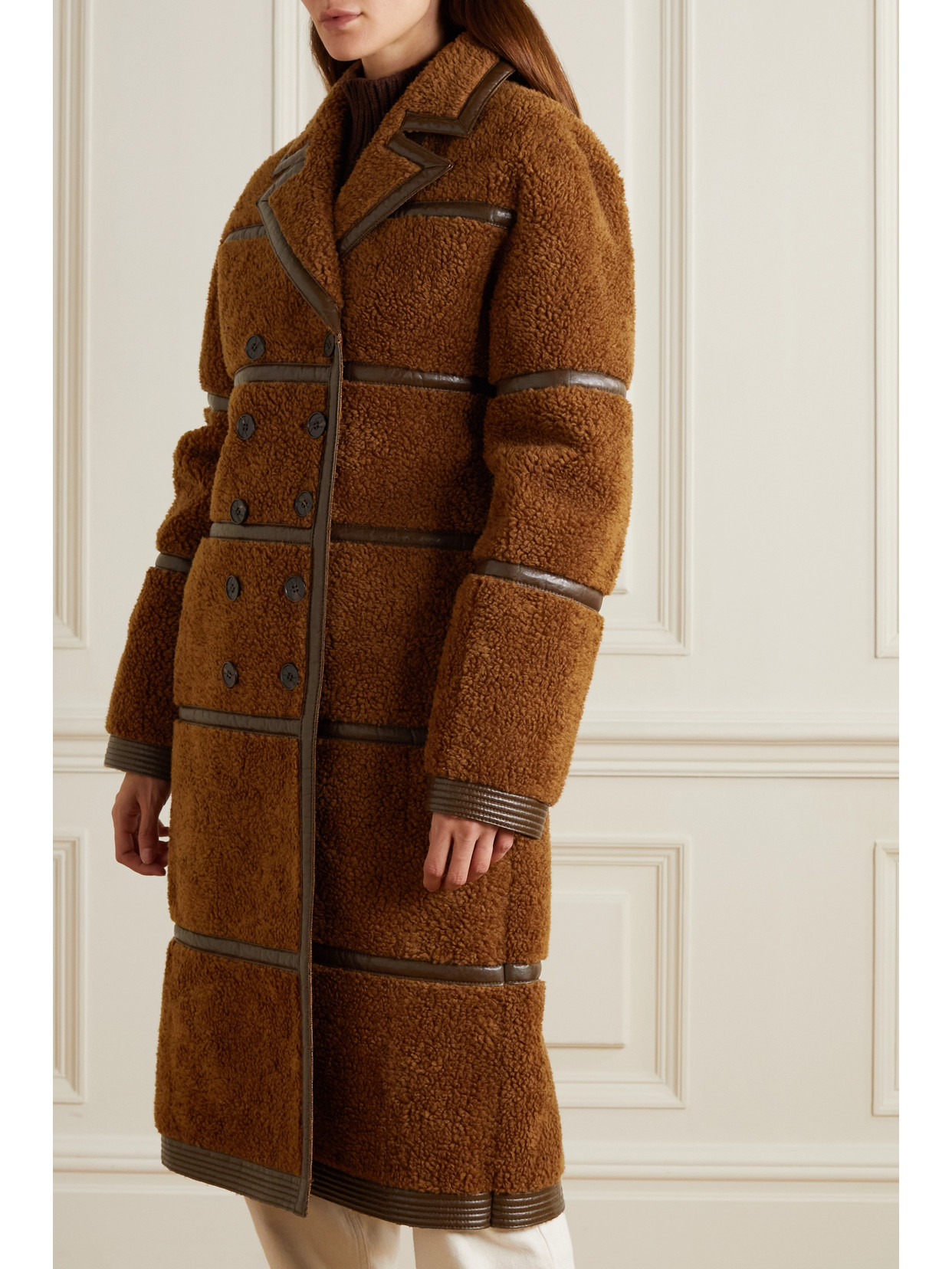 Double-Breasted Faux Leather-Trimmed Faux Shearling Coat