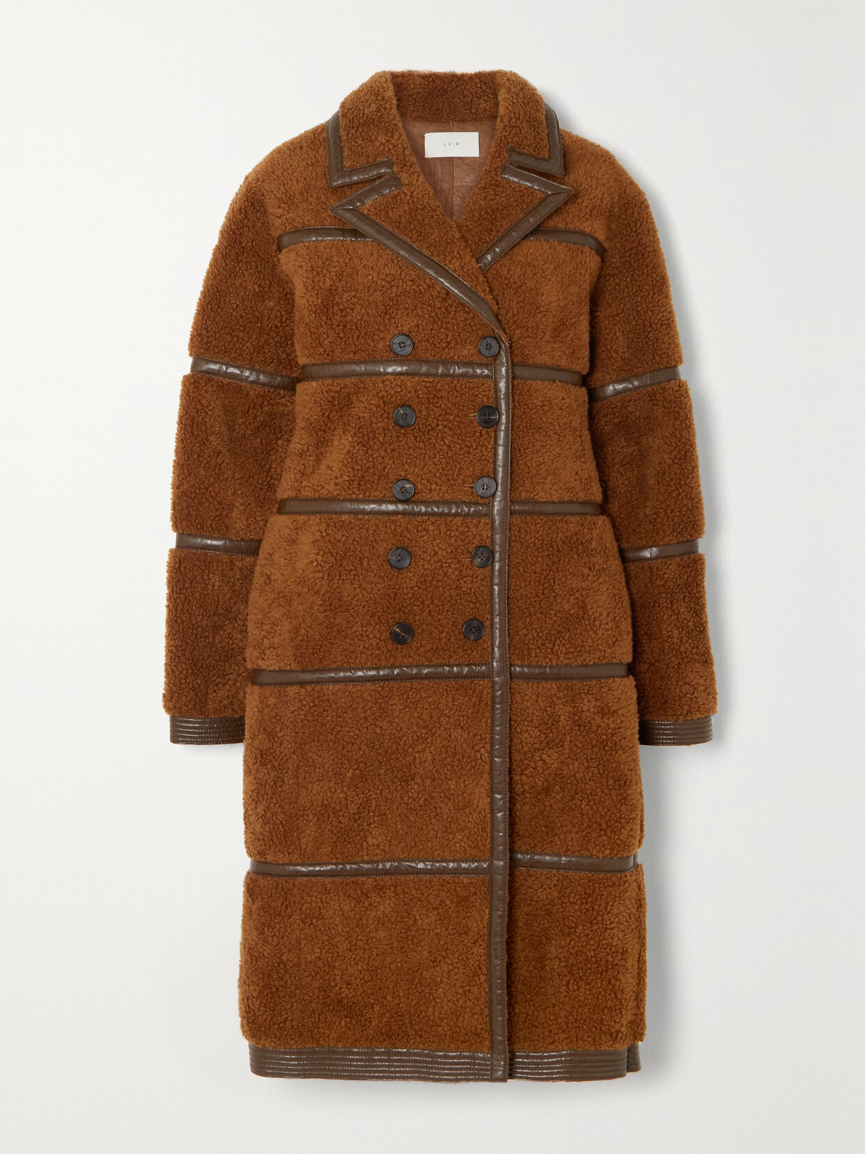 Double-Breasted Faux Leather-Trimmed Faux Shearling Coat