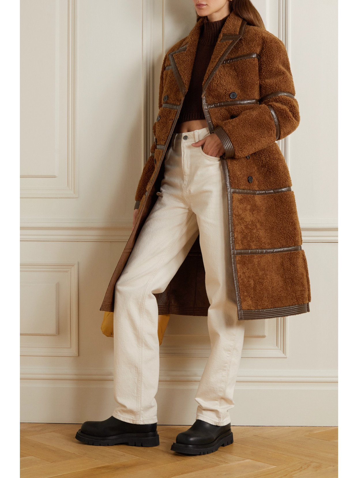 Double-Breasted Faux Leather-Trimmed Faux Shearling Coat
