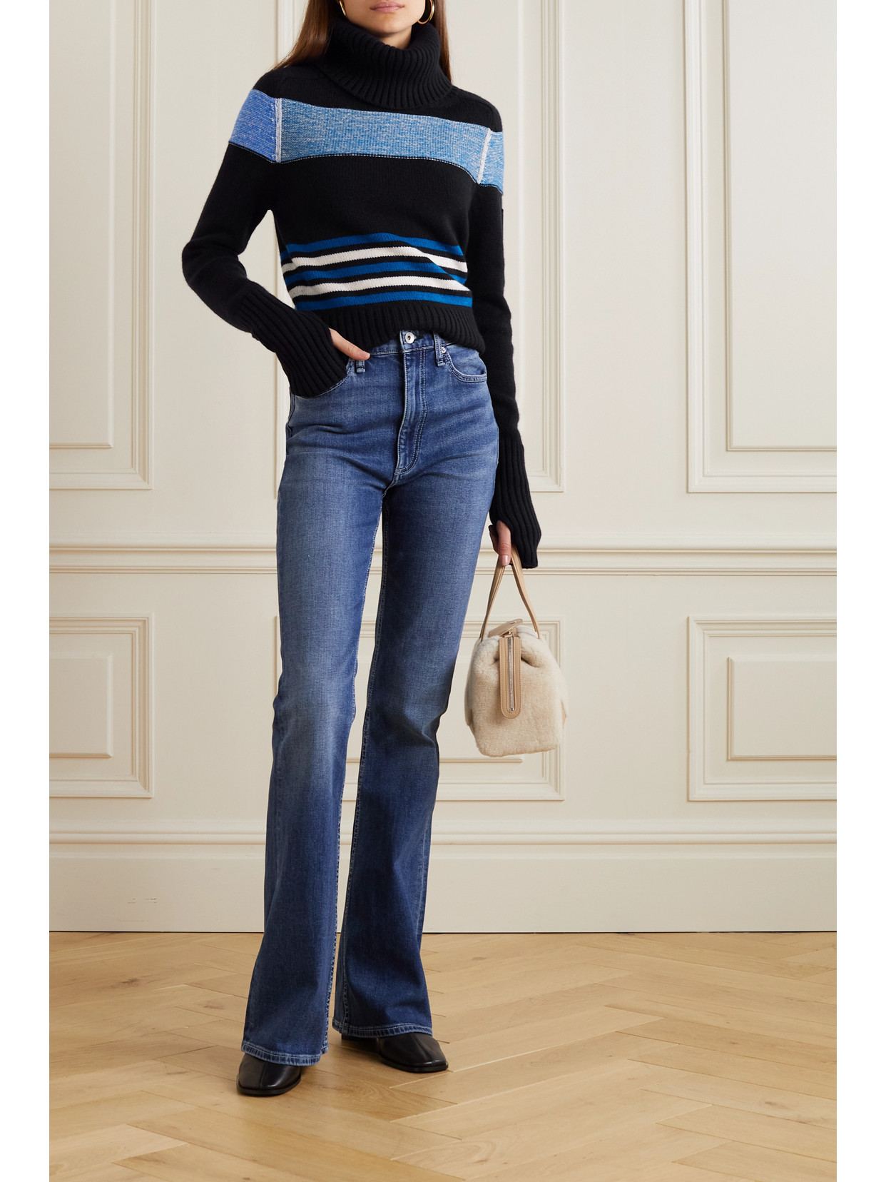 Shop Loro Piana Courmayeur Appliquéd Striped Cashmere Turtleneck Sweater In Blue