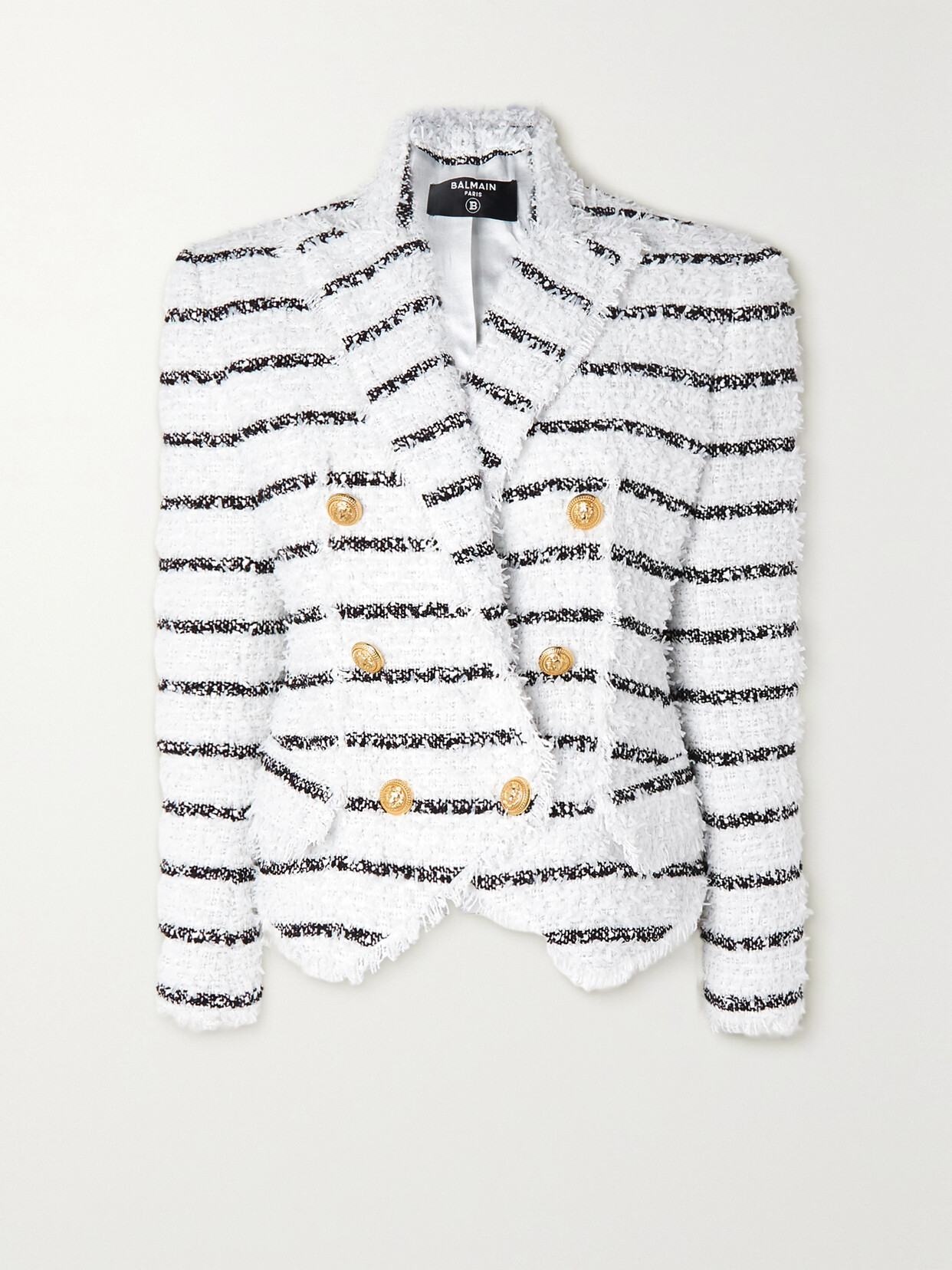 Balmain Cotton Blend Tweed Striped Button Blazer In White