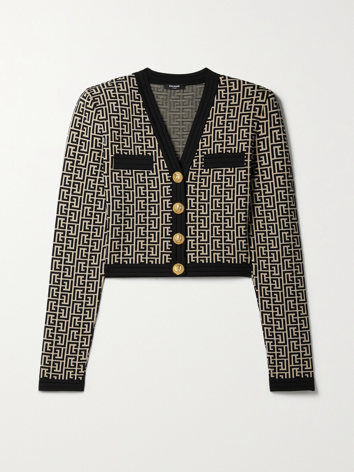 Balmain Monogram Jacquard Crop Wool Blend Cardigan In Black