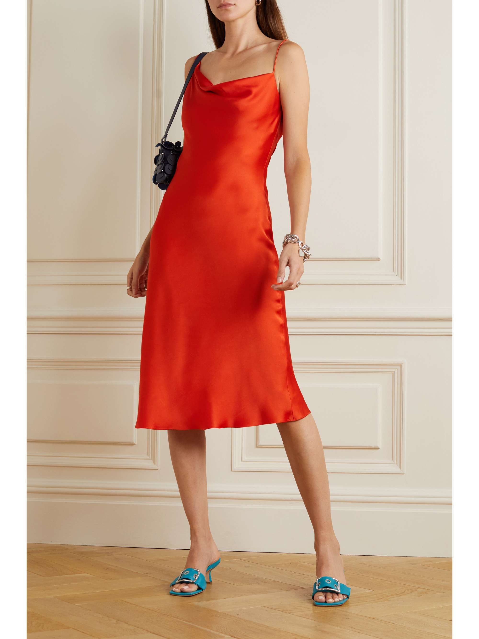 Asymmetric draped satin-crepe midi dress