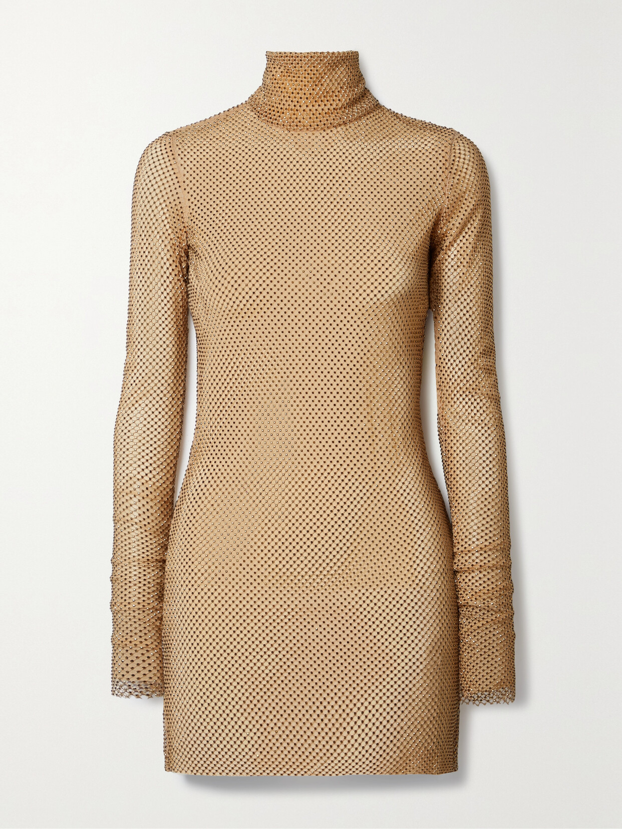 LAQUAN SMITH CRYSTAL-EMBELLISHED MESH AND OPEN-KNIT TURTLENECK MINI DRESS