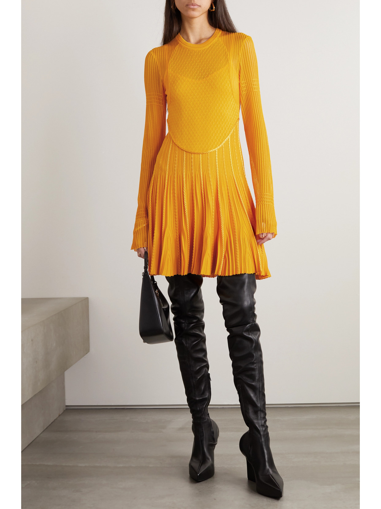 Shop Givenchy Cutout Pleated Knitted Mini Dress In Yellow