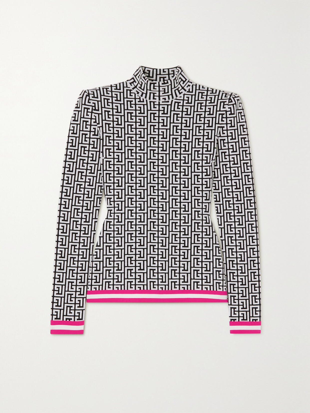 Balmain Monogram Mock-neck Strong-shoulder Sweater In Black