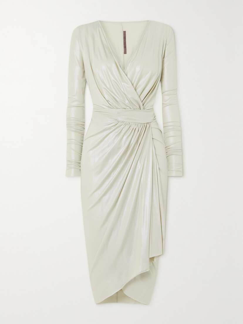Rick Owens Vered Gathered Coated Stretch-jersey Wrap Dress