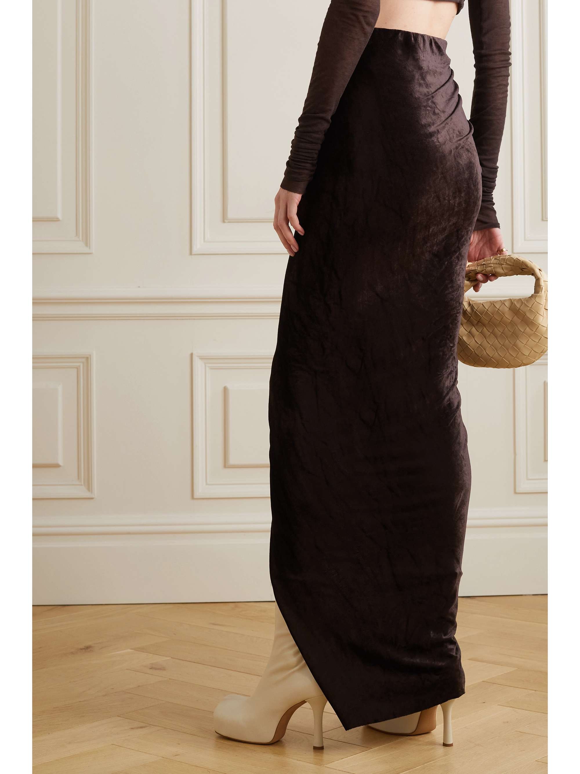 RICK OWENS Wrap-effect draped metallic stretch-jersey midi skirt