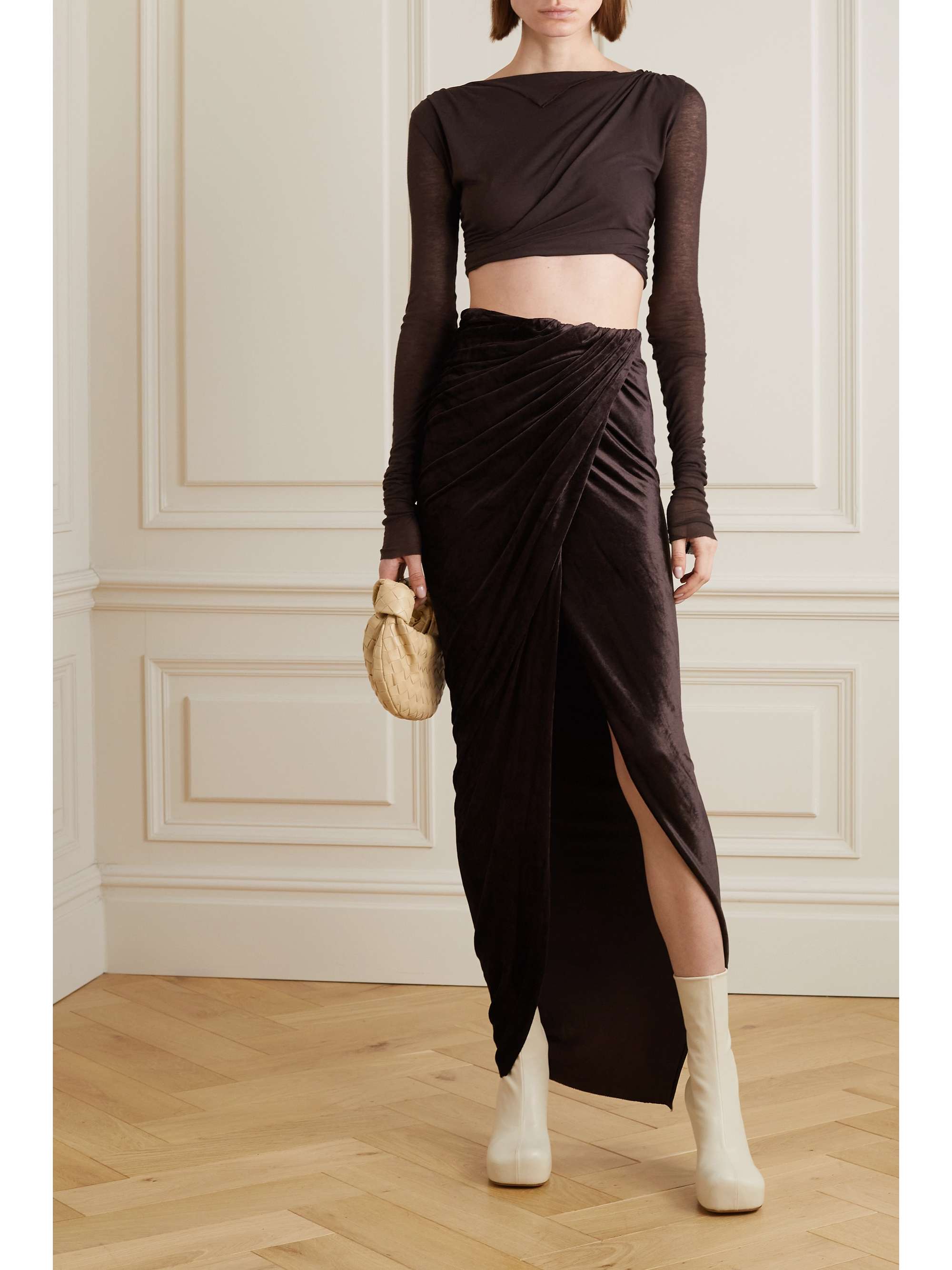 RICK OWENS Wrap-effect draped stretch-jersey midi skirt | NET-A-PORTER