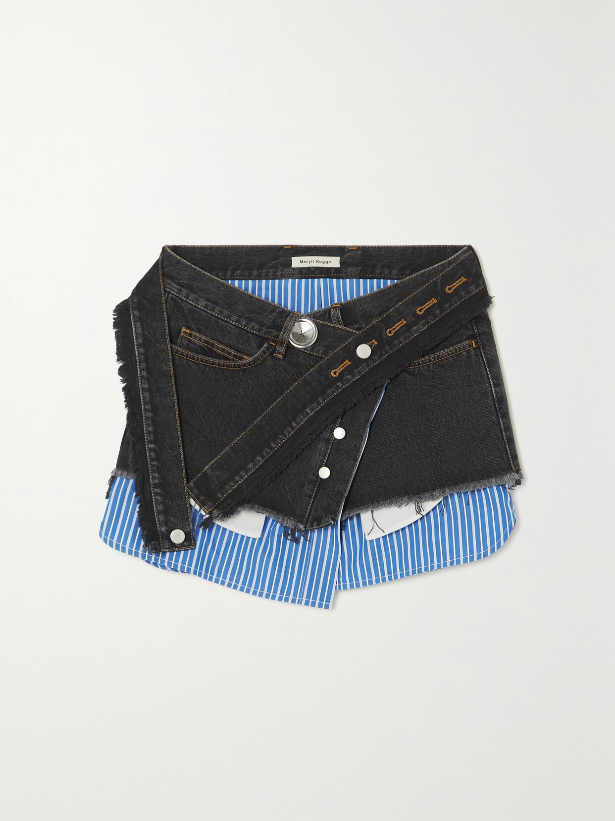 MERYLL ROGGE WRAP-EFFECT DENIM AND STRIPED COTTON-POPLIN MINI SKIRT