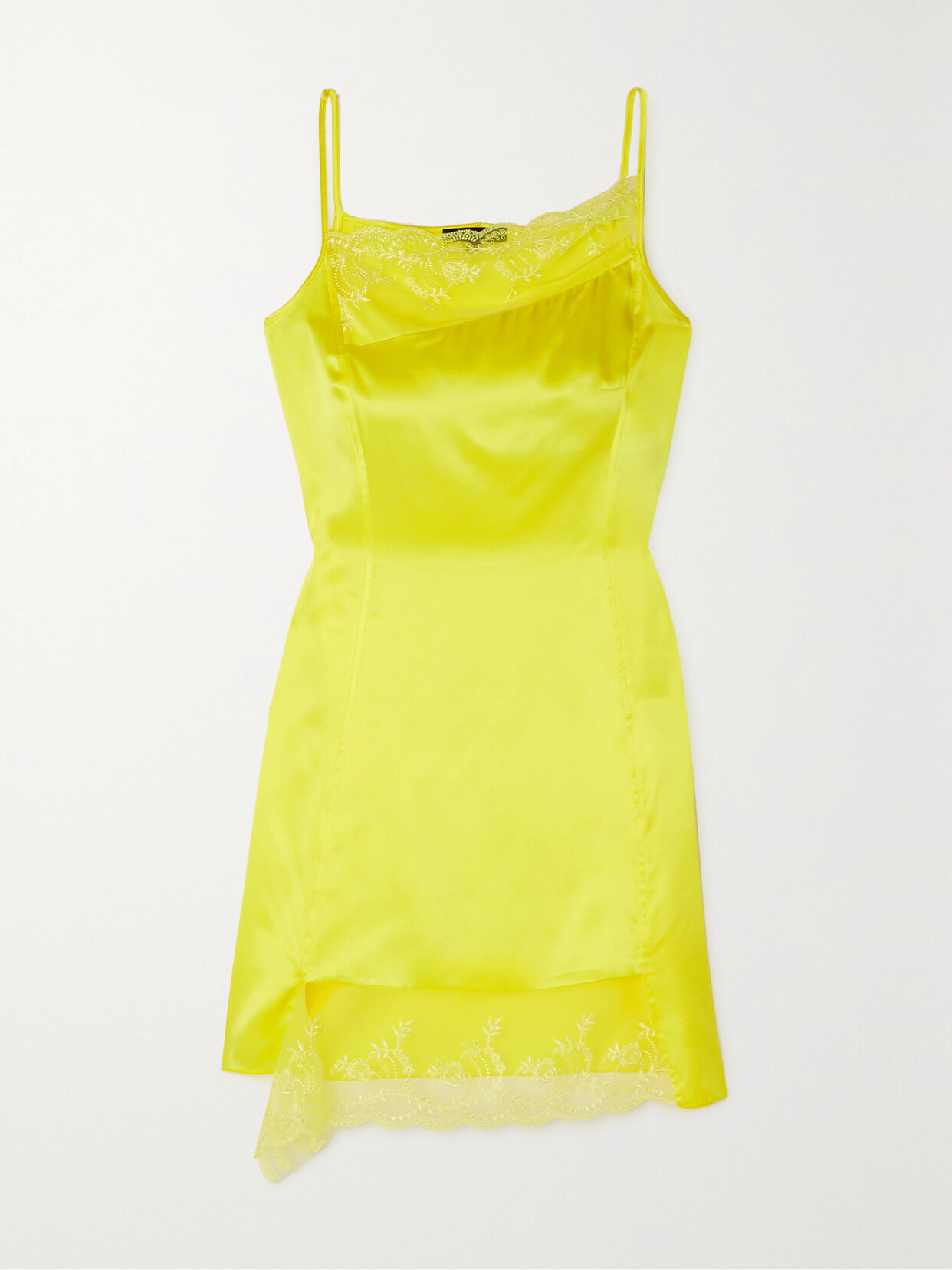 Meryll Rogge Asymmetric Lace-trimmed Satin Mini Dress In Yellow