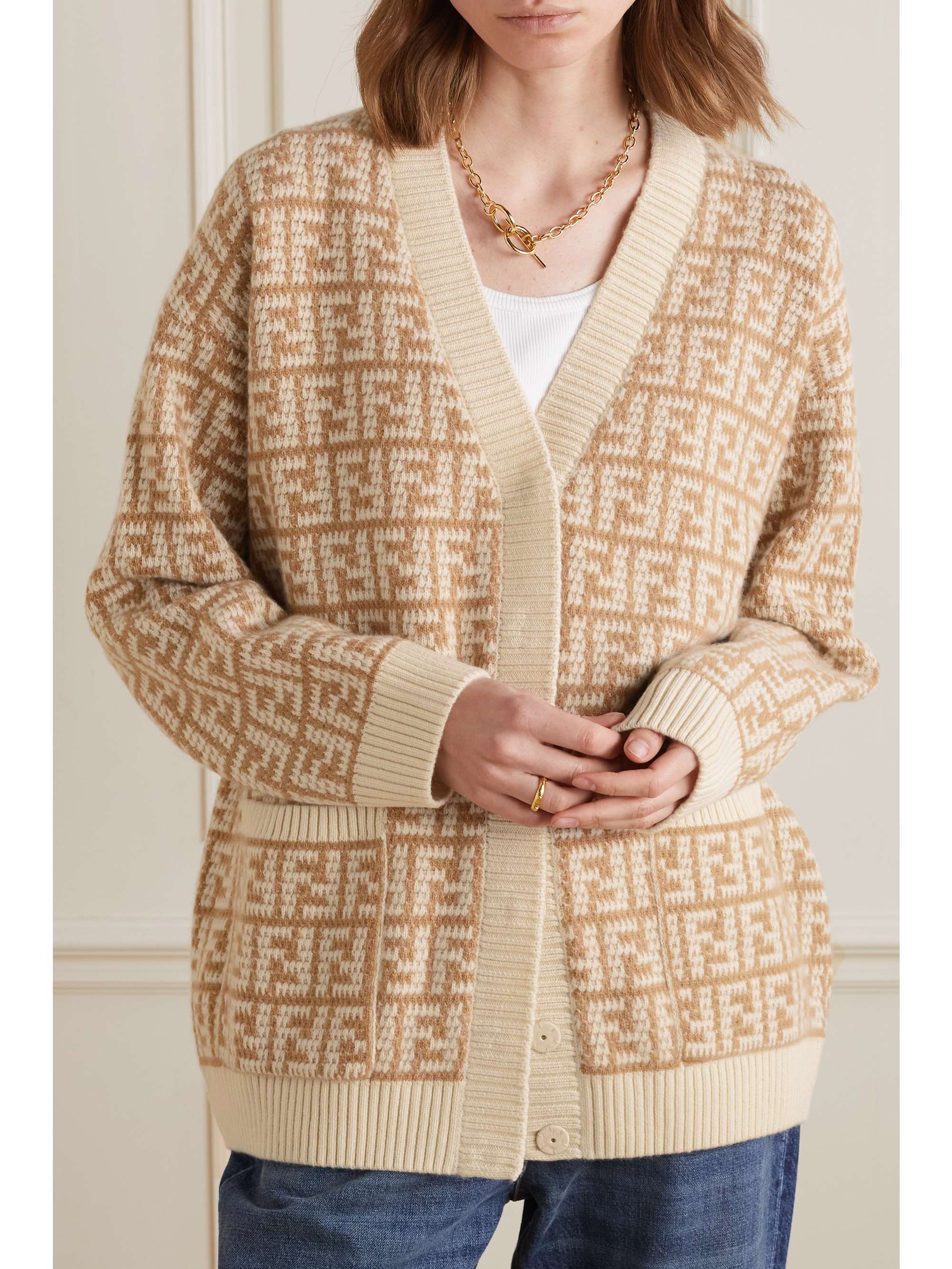 FENDI Crochet-knit cashmere-jacquard cardigan