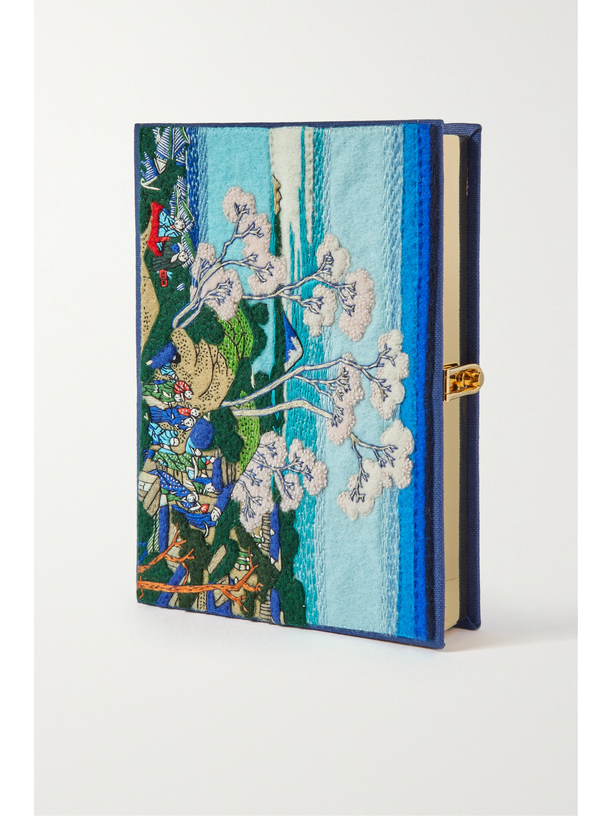 Olympia Le-tan Cherry Blossom Hokusai Embroidered Appliquéd Canvas Clutch In Blue