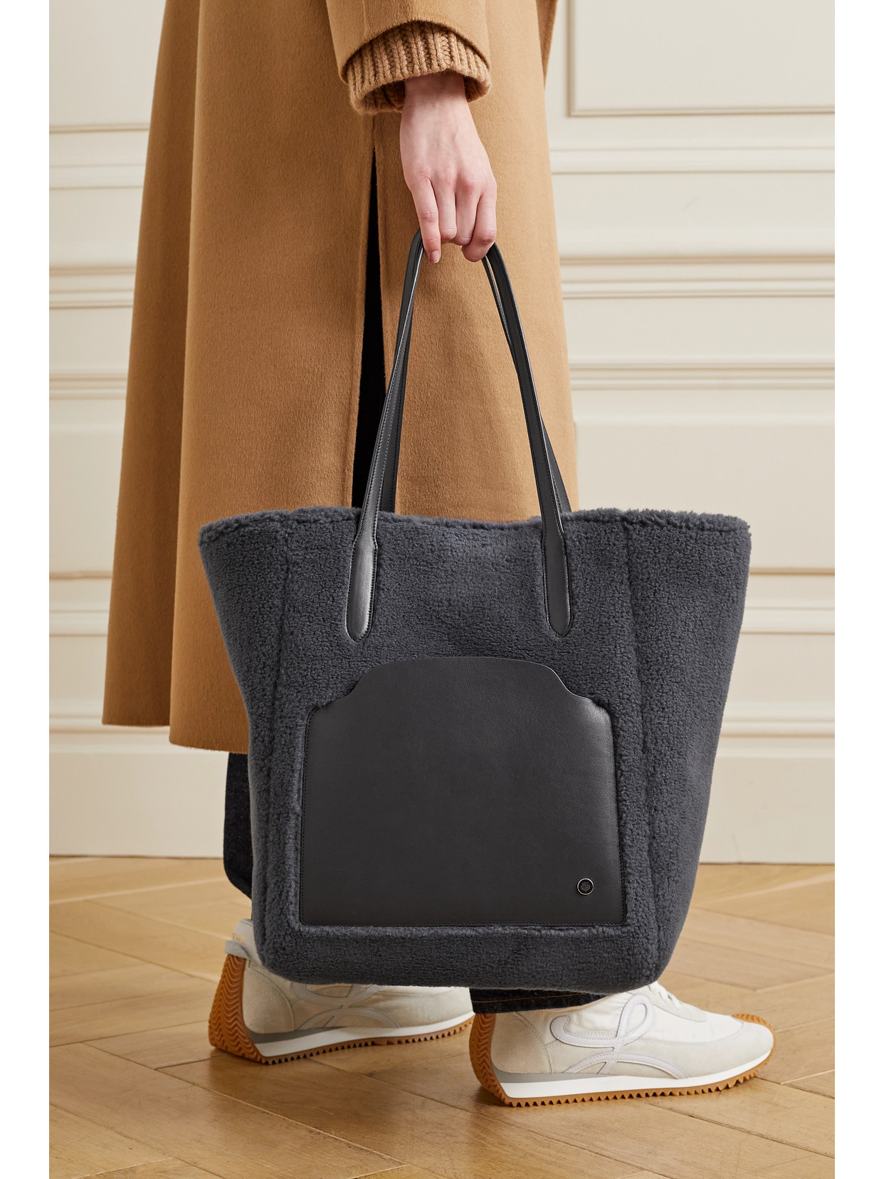 Loro Piana Sesia Large Leather-trimmed Faux Shearling Tote In Gray