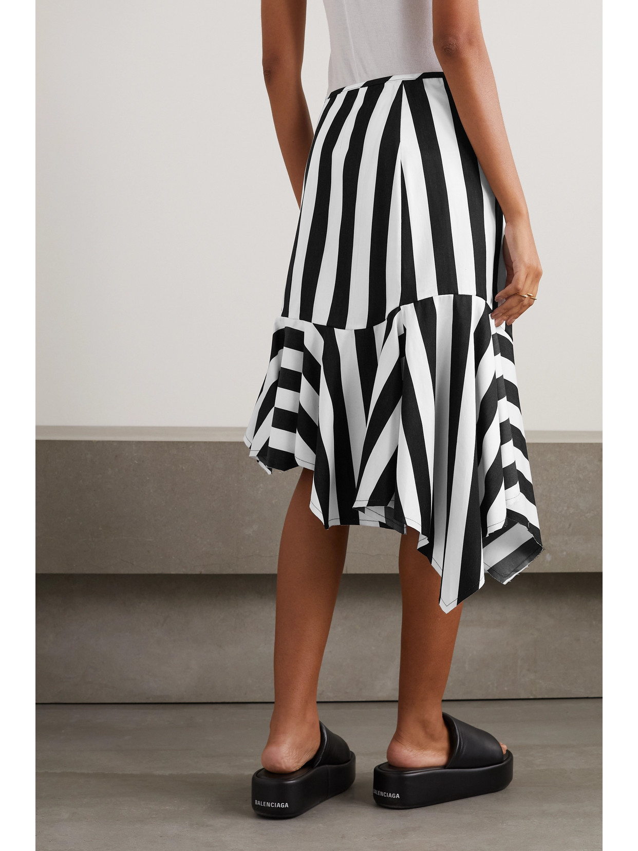 Asymmetric Striped Cotton-Voile Flared Midi