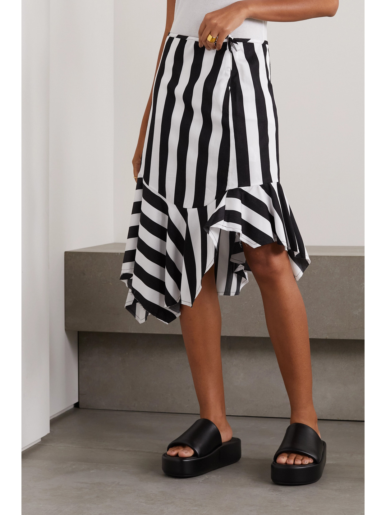 Asymmetric Striped Cotton-Voile Flared Midi