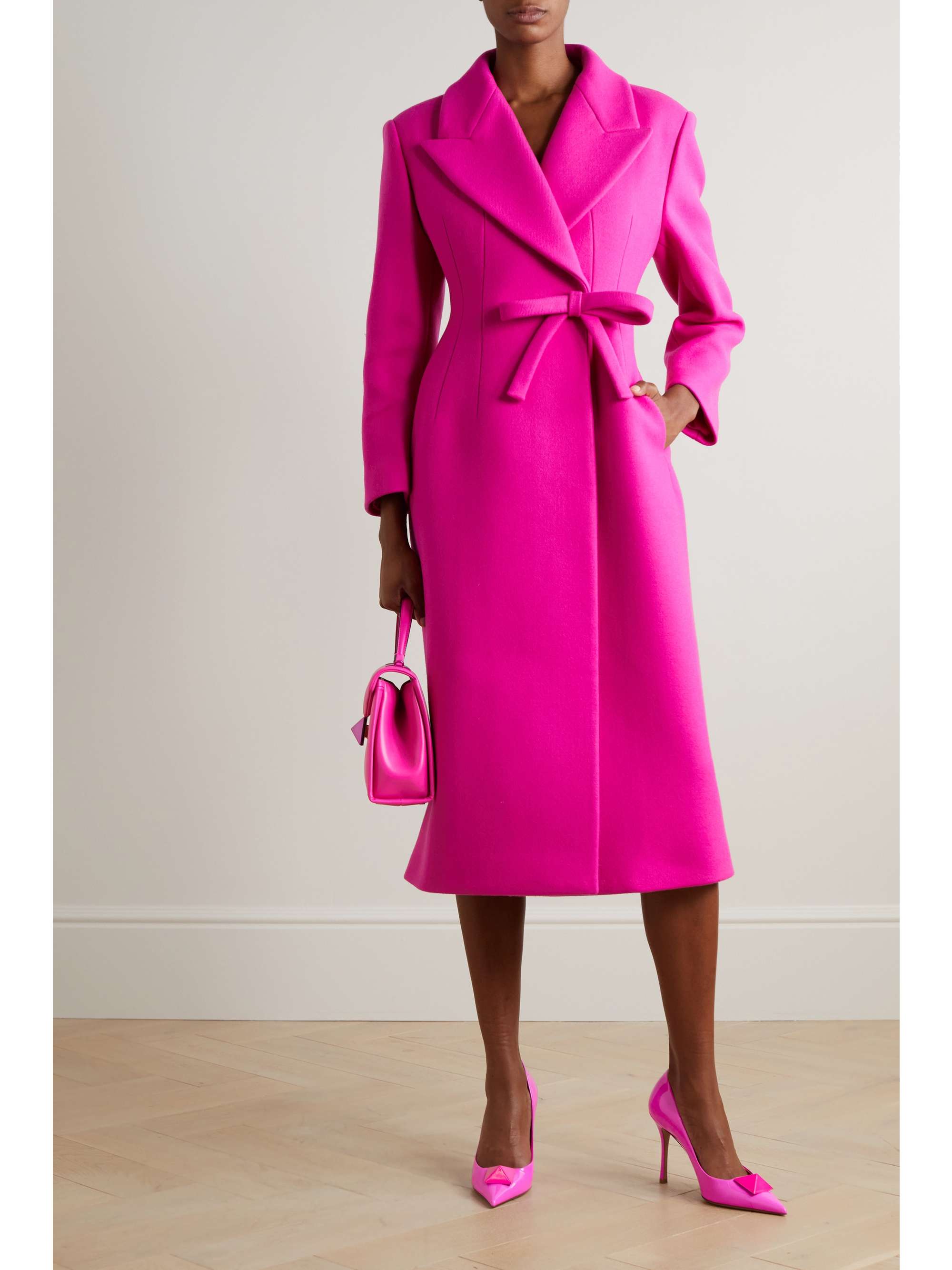 Women Hot Pink Wool Belt Long Coat Winter Cashmere Lapel Trench