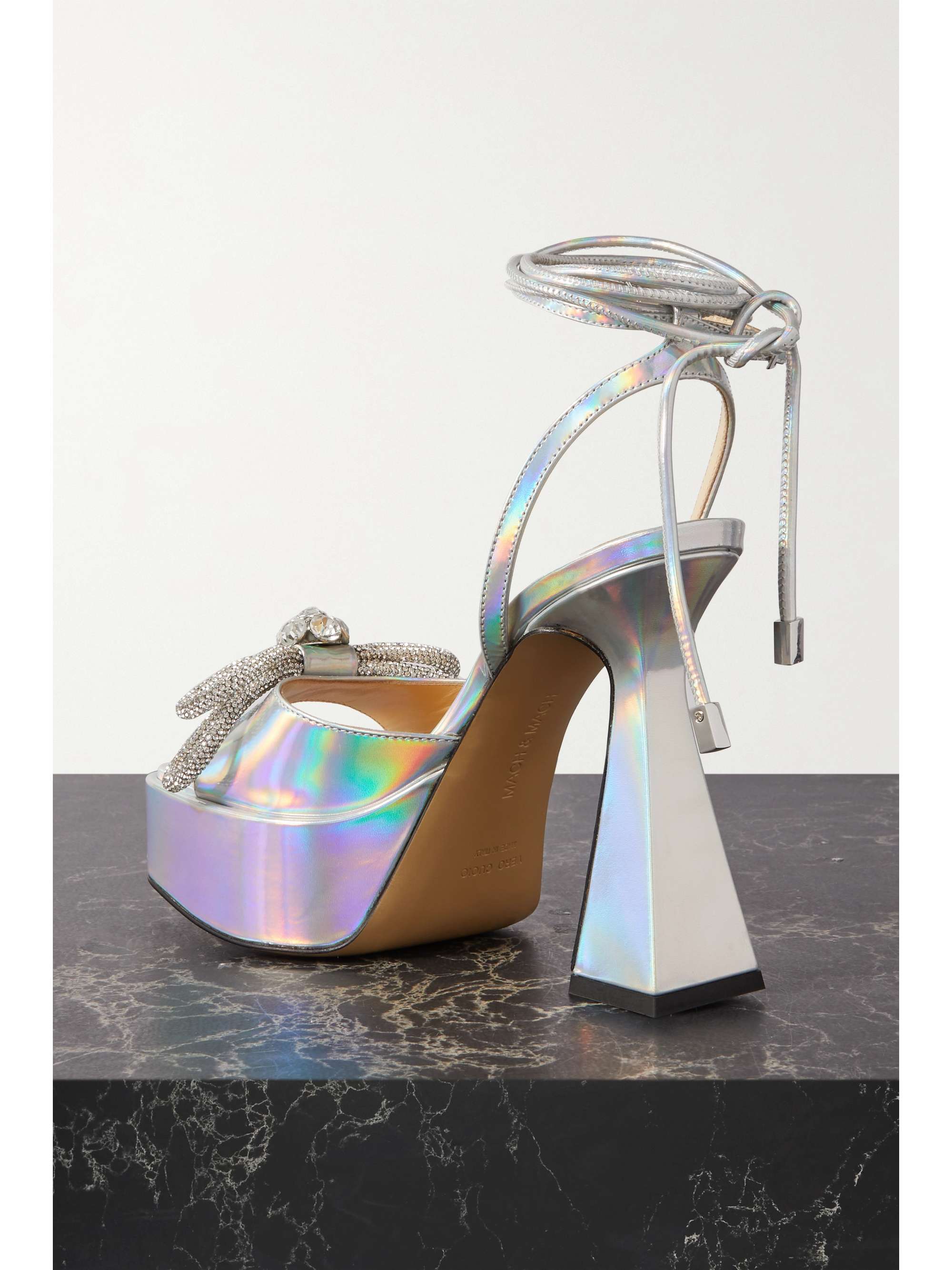 MACH & MACH Double Bow crystal-embellished iridescent leather platform pumps