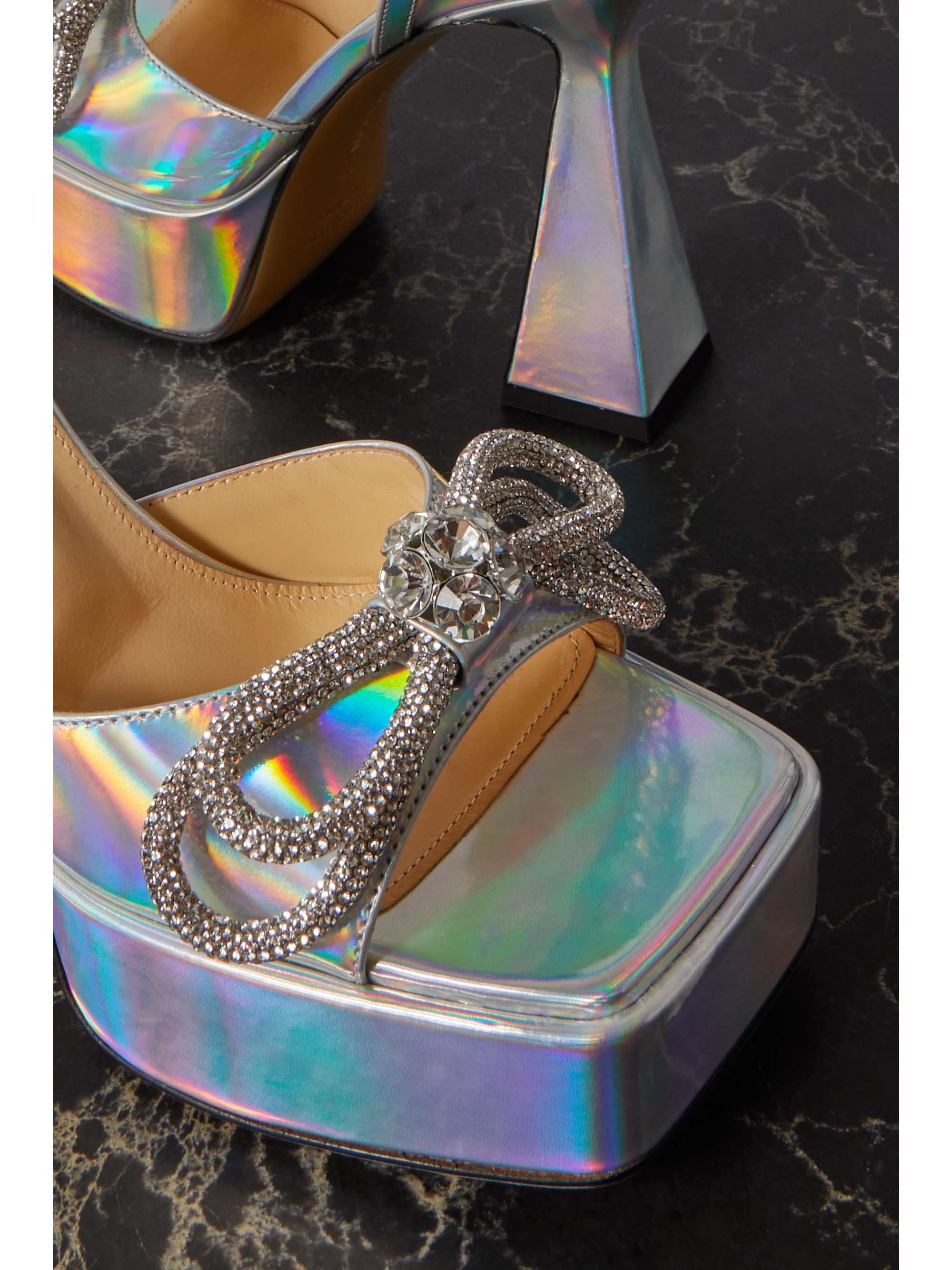 MACH & MACH Double Bow crystal-embellished iridescent leather platform pumps