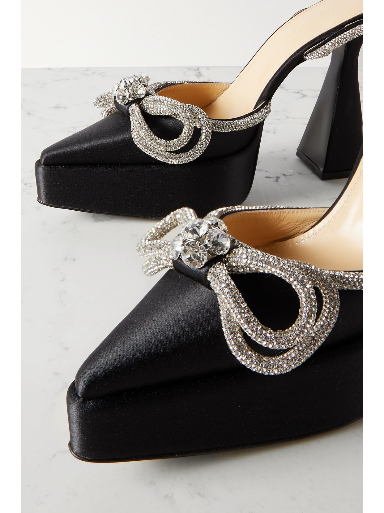 Shop Mach & Mach Double Bow Crystal-embellished Satin Platform Pumps In Black