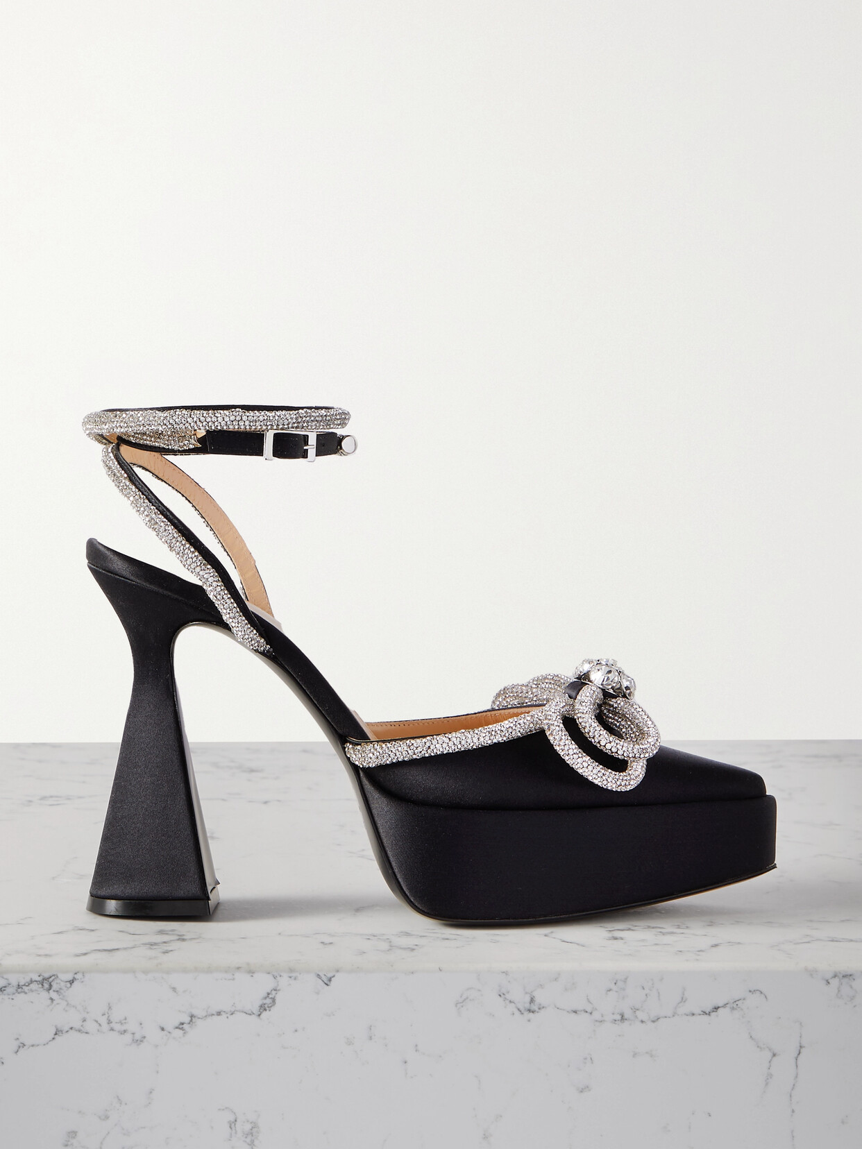 Shop Mach & Mach Double Bow Crystal-embellished Satin Platform Pumps In Black