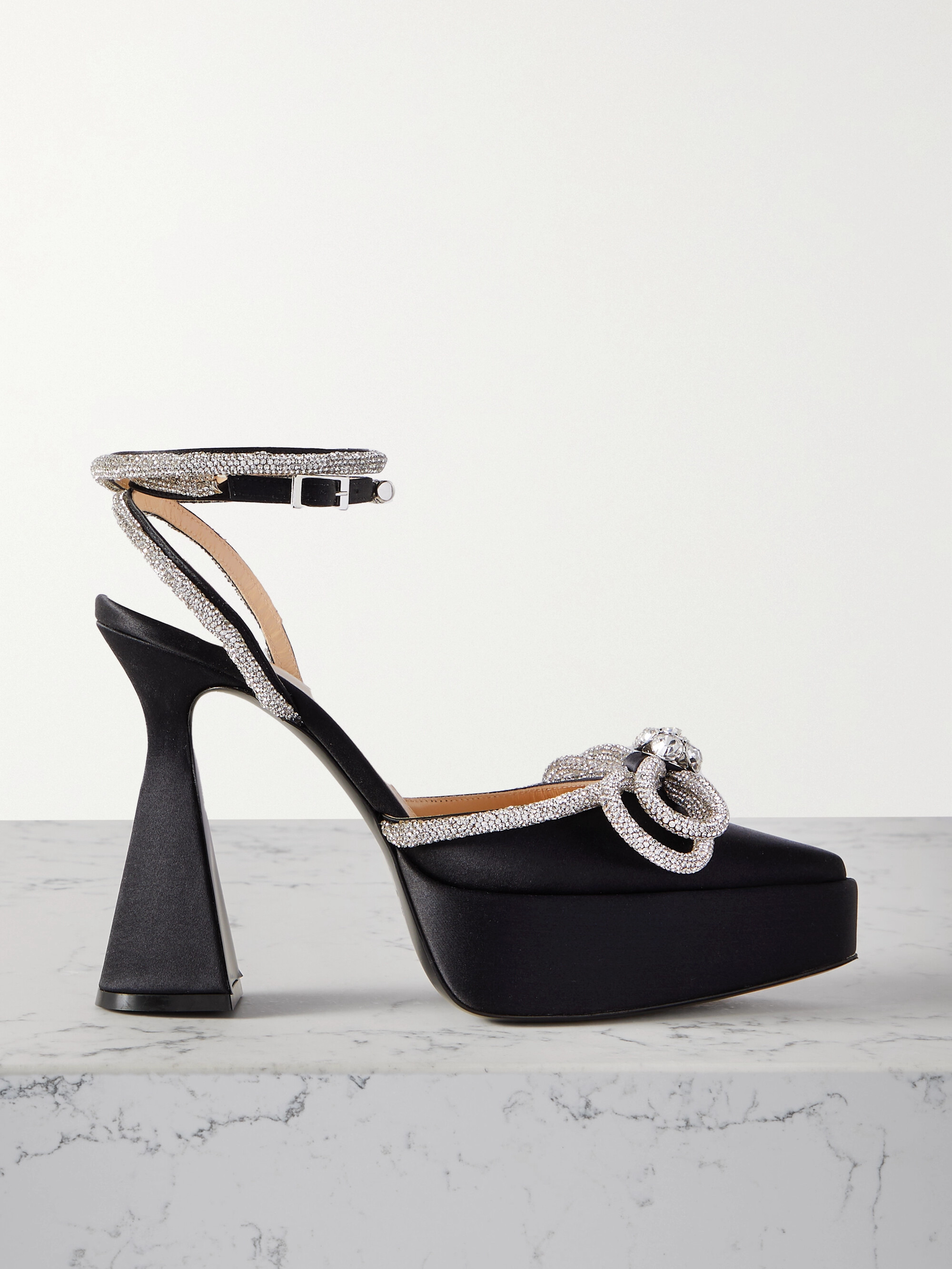 MACH & MACH Double Bow crystal-embellished satin platform pumps