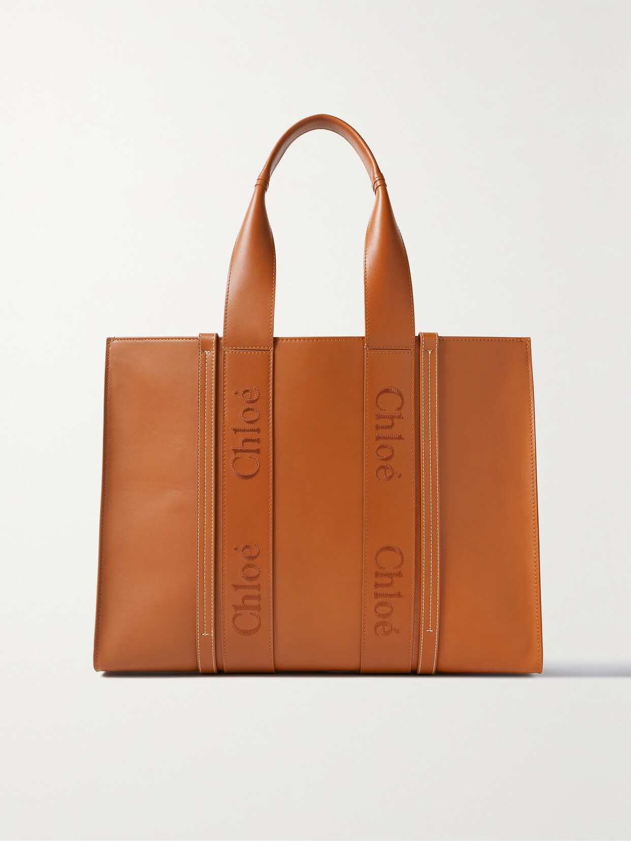 Shop Chloé + Net Sustain Woody Large Embroidered Leather Tote In Brown