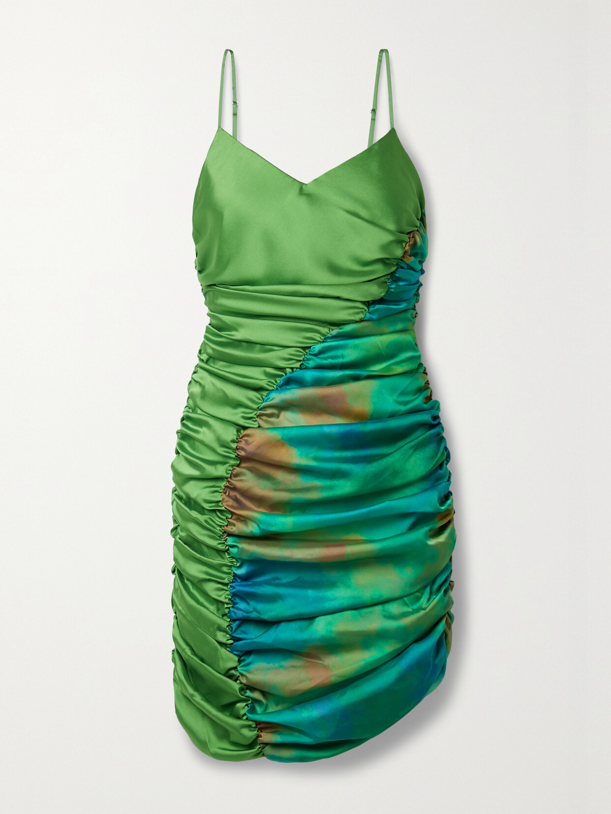 Ahluwalia Jade Paneled Ruched Organic Cotton-sateen Mini Dress In Green