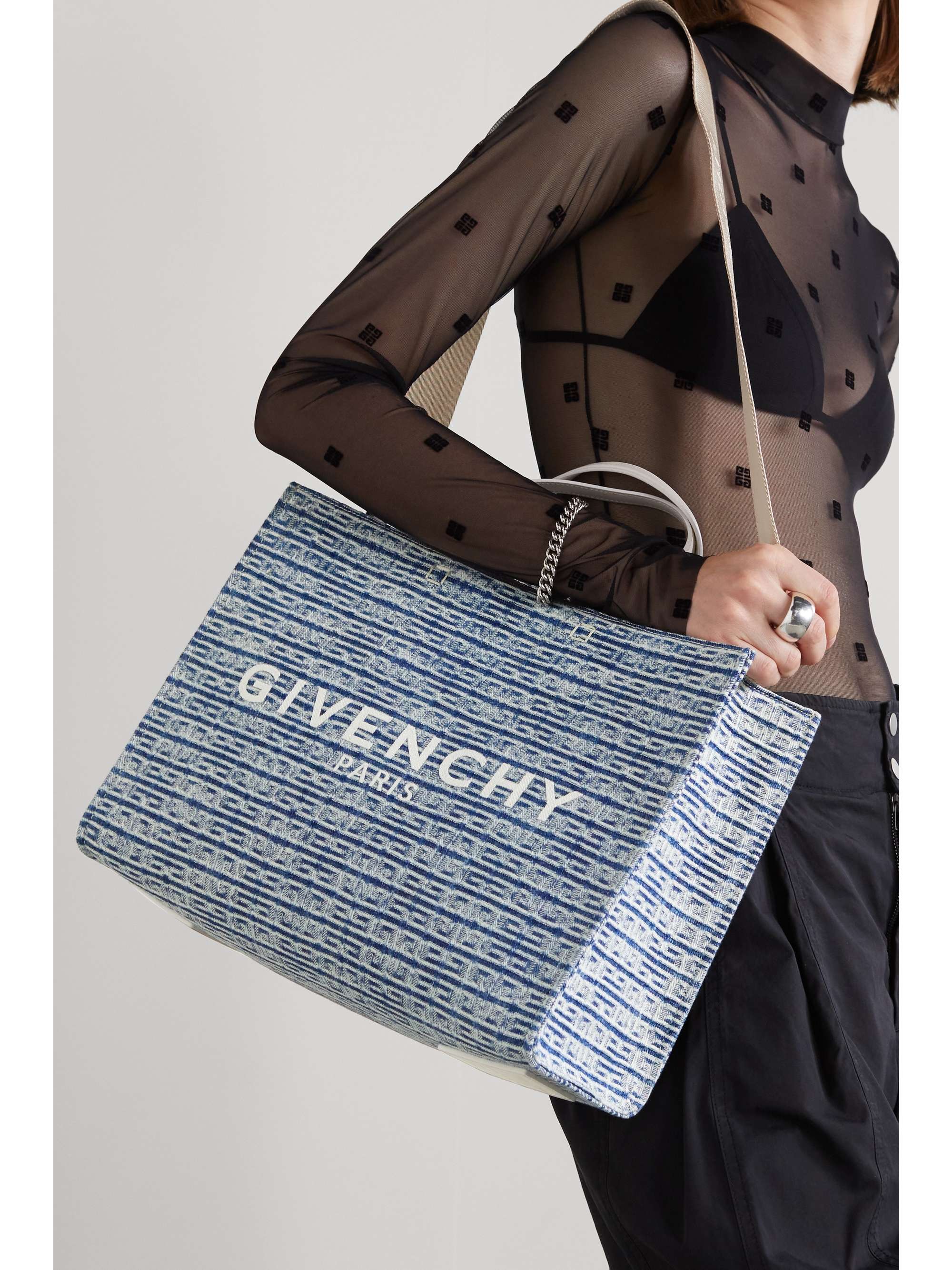 GIVENCHY G medium leather-trimmed embroidered denim tote